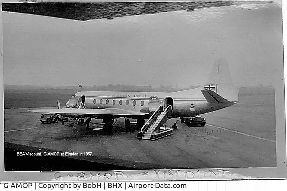 G-AMOP, 1954 Vickers Viscount 701 C/N 29, G-AMOP at Elmdon (Birmingham) in 1957.