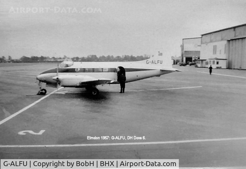 G-ALFU, 1949 De Havilland DH-104 Dove 6 C/N 04234, Here is G-ALFU at work and before it's repaint: At Elmdon (Birmingham) in 1957.