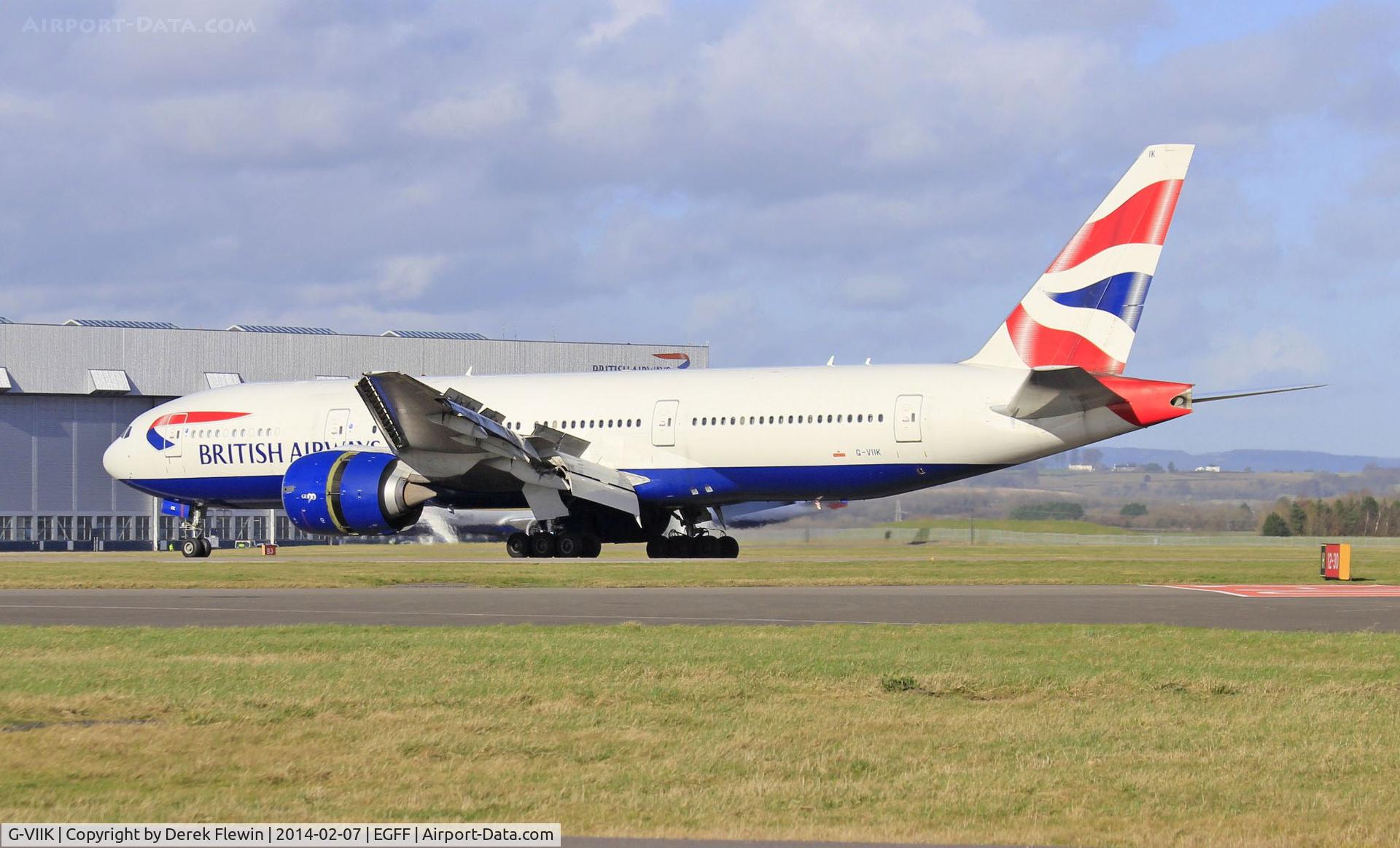 G-VIIK, 1998 Boeing 777-236/ER C/N 28840, Boeing 777-236/ER, Speedbird 9171, out of Heathrow, landing on runway 30 at EGFF.