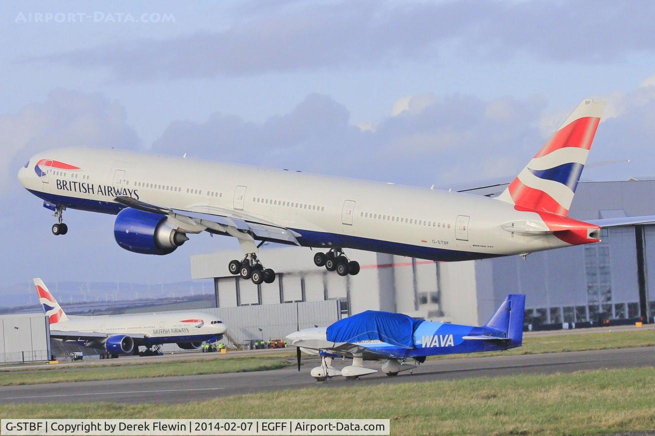 G-STBF, 2012 Boeing 777-336/ER C/N 40543, Boeing 777-336/BF, Speedbird 9172, departing runway 30 at EGFF en-route Heathrow.