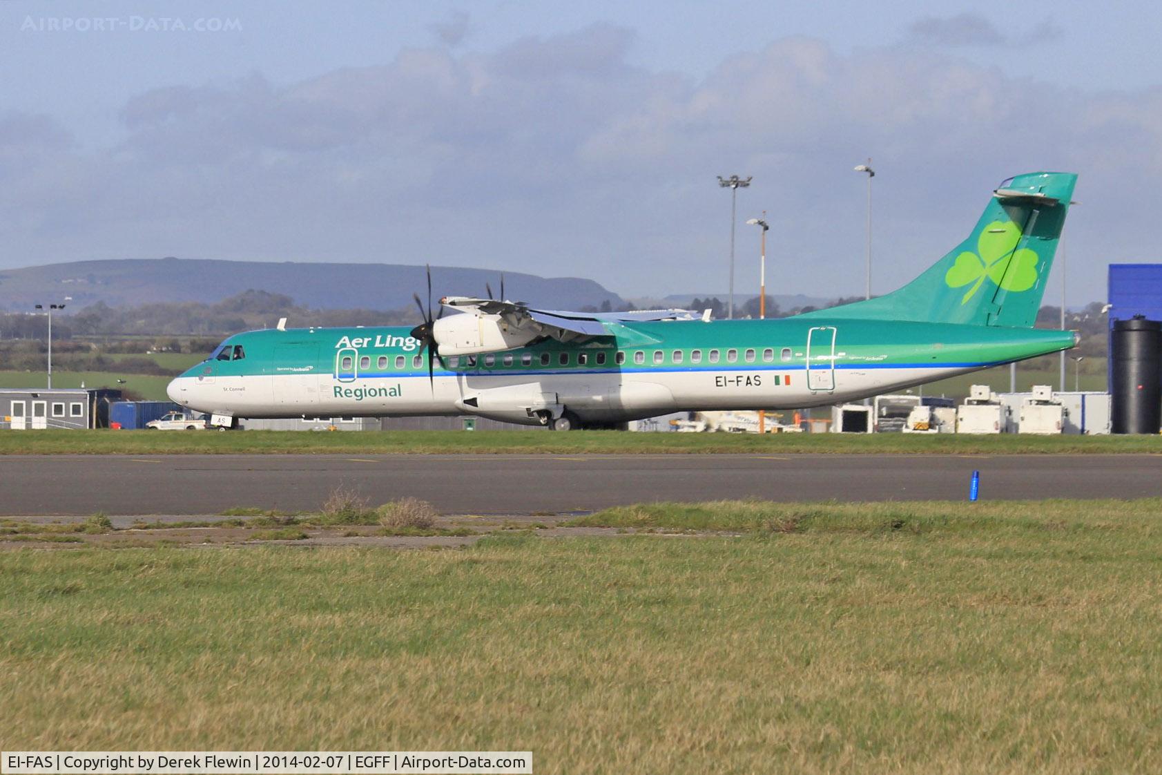 EI-FAS, 2013 ATR 72-600 (72-212A) C/N 1083, ATR 72-600, Arann 95CW, departing runway 30 at EGFF, en-route to Dublin.