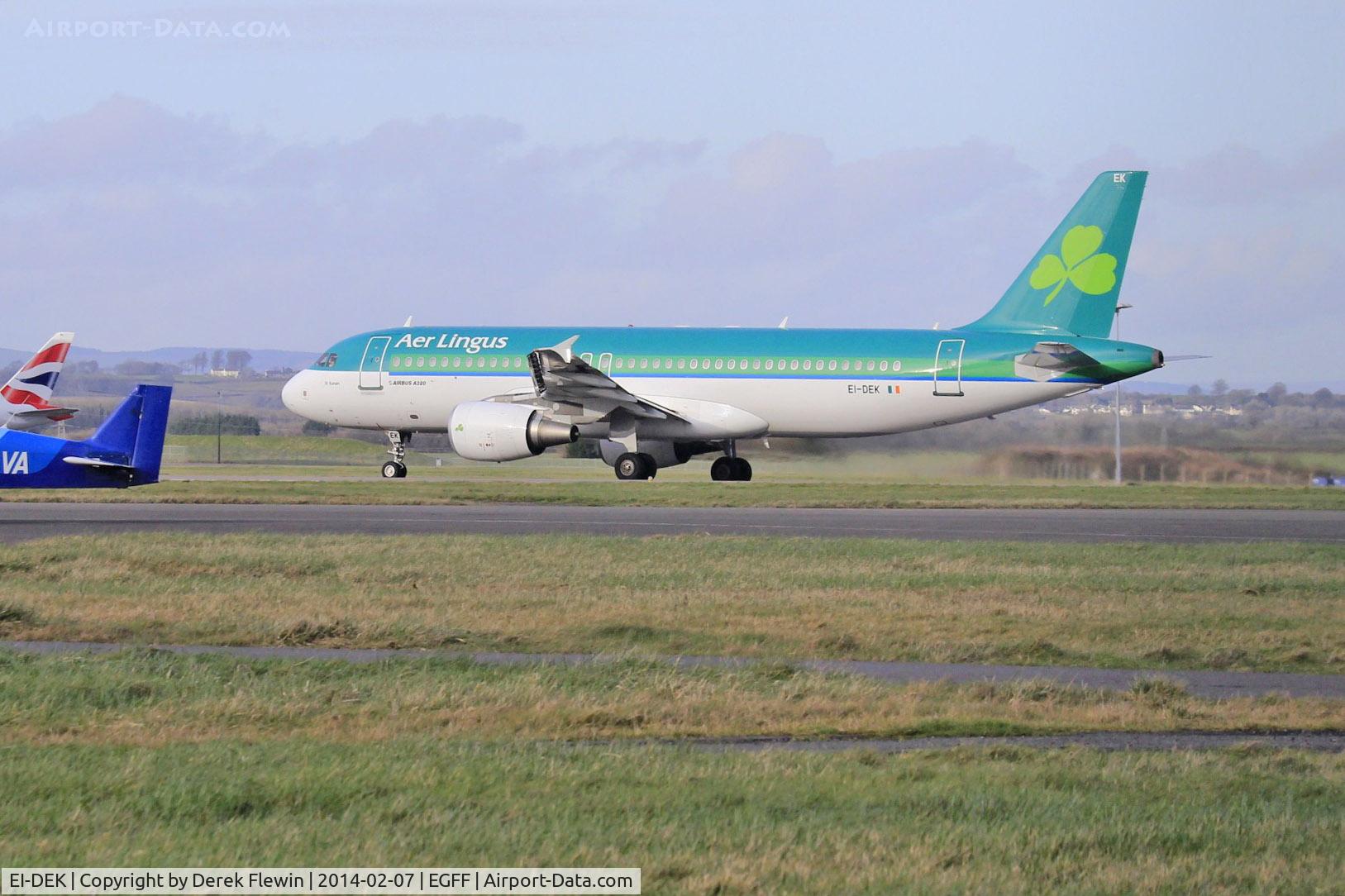 EI-DEK, 2005 Airbus A320-214 C/N 2399, Airbus A320-214, Arann 97CW, taking off from runway 30 at EGFF, en-route to dublin.
