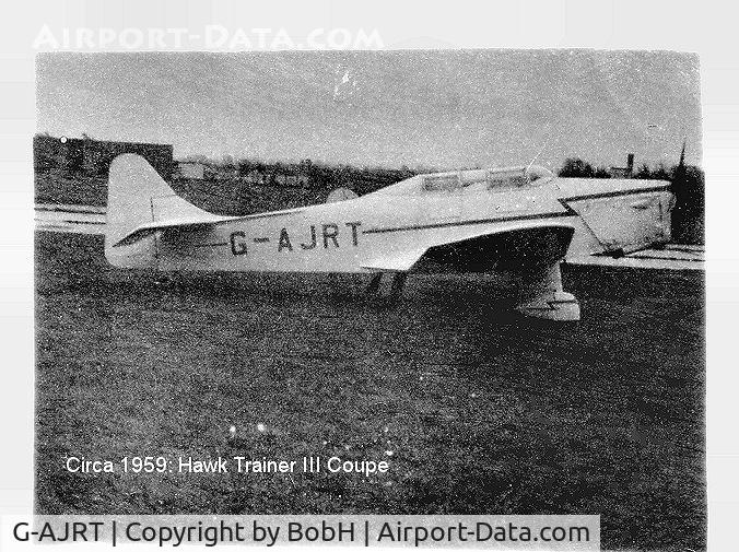 G-AJRT, 1941 Miles M14A Hawk Trainer 3 C/N 744, This 1959 picture shows that G-AJRT had been converted to the Coupe version by 1959.  If memory serves me this would be at Baginton but I'm not sure.