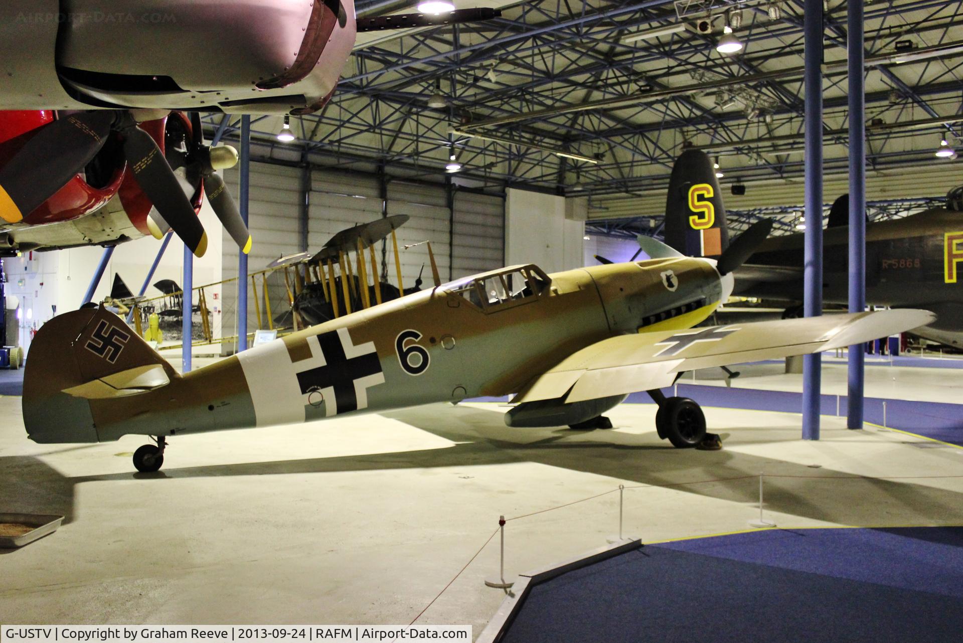G-USTV, 1942 Messerschmitt Bf-109G-2/Trop C/N 10639, On display at the RAF Museum, Hendon. Serial number 10639. Rare tropical version of the Me 109.