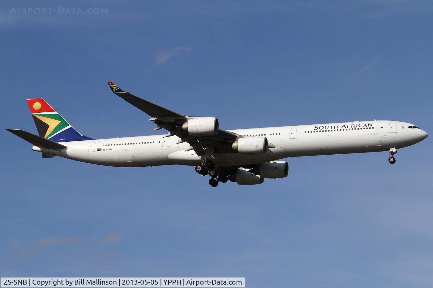 ZS-SNB, 2002 Airbus A340-642 C/N 417, FINALS TO 21. DIRECT FROM JNB