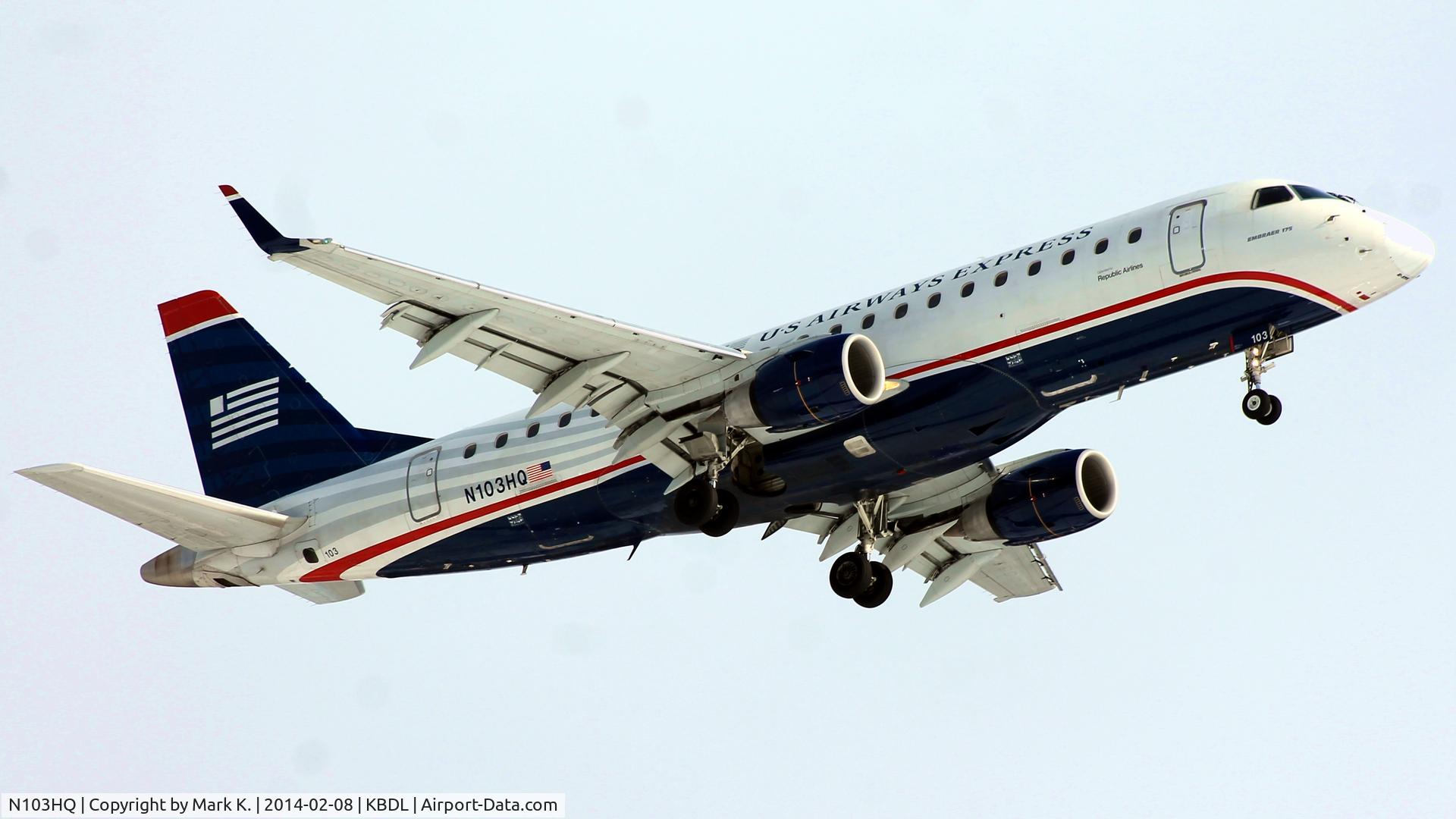 N103HQ, 2007 Embraer 175LR (ERJ-170-200LR) C/N 17000159, Republic 3218, an Embraer ERJ-170-200 LR, on final for runway 24 from Philadelphia, Pennsylvania (KPHL).