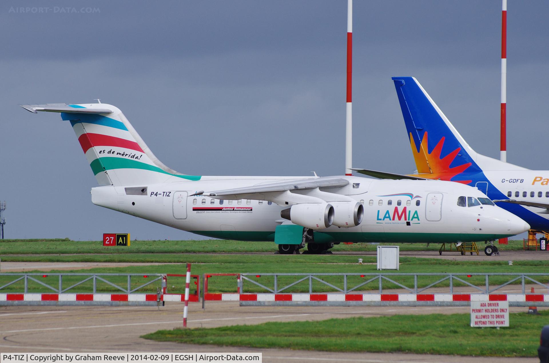 P4-TIZ, British Aerospace BAe RJ85 C/N E2350, Parked at Norwich.