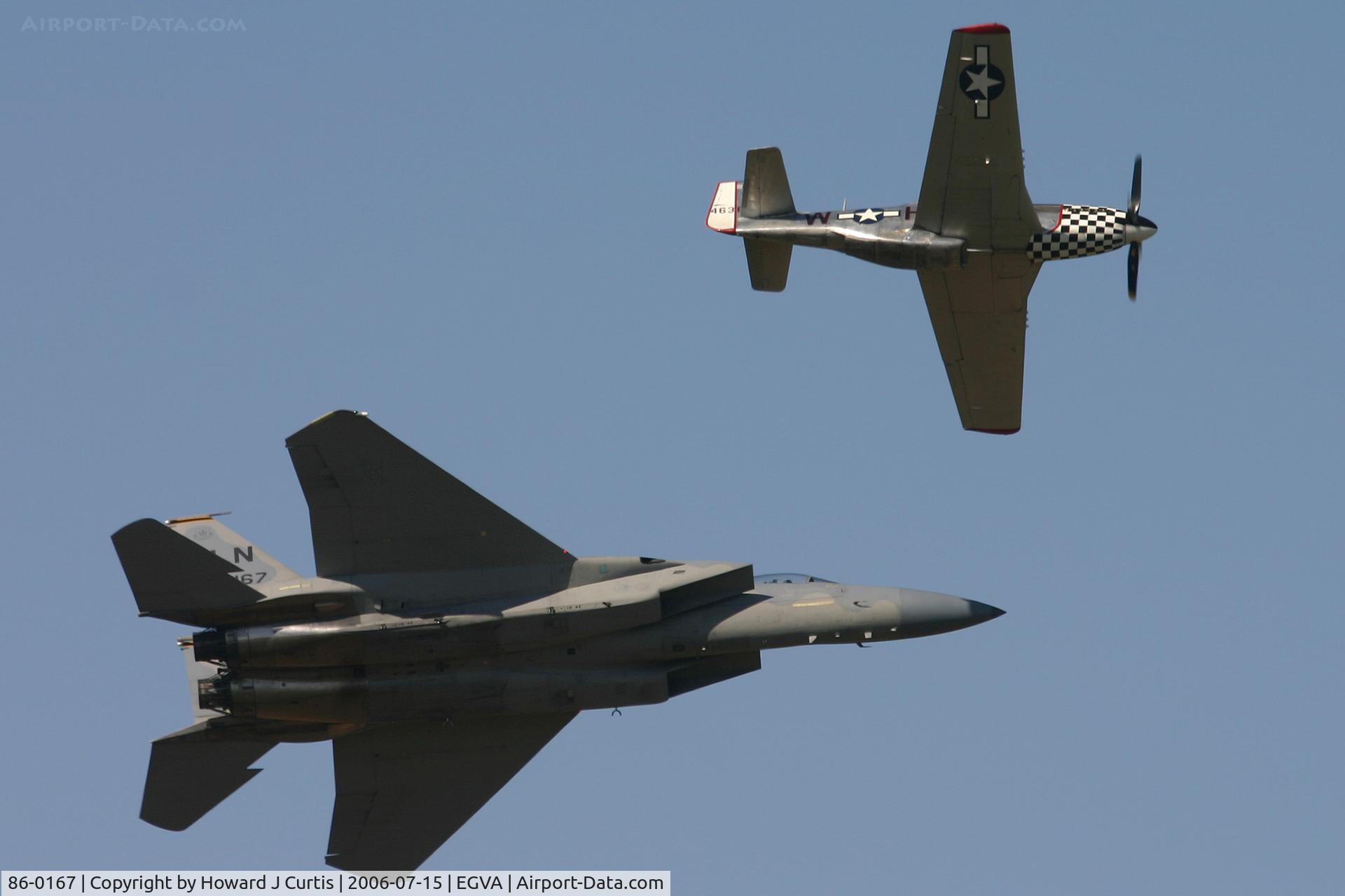 86-0167, 1986 McDonnell Douglas F-15C Eagle C/N 1016/C395, RIAT 2006. Flying in formation with P-51D Mustang G-CBNM.