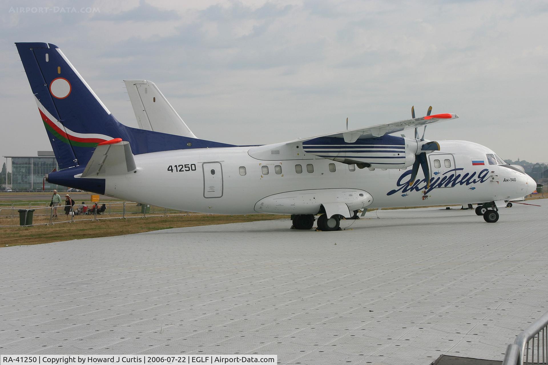 RA-41250, 2003 Antonov An-140 C/N 05A001, Marked as just 41250. Yakutia Airlines titles. Farnborough Air Show 2006.
