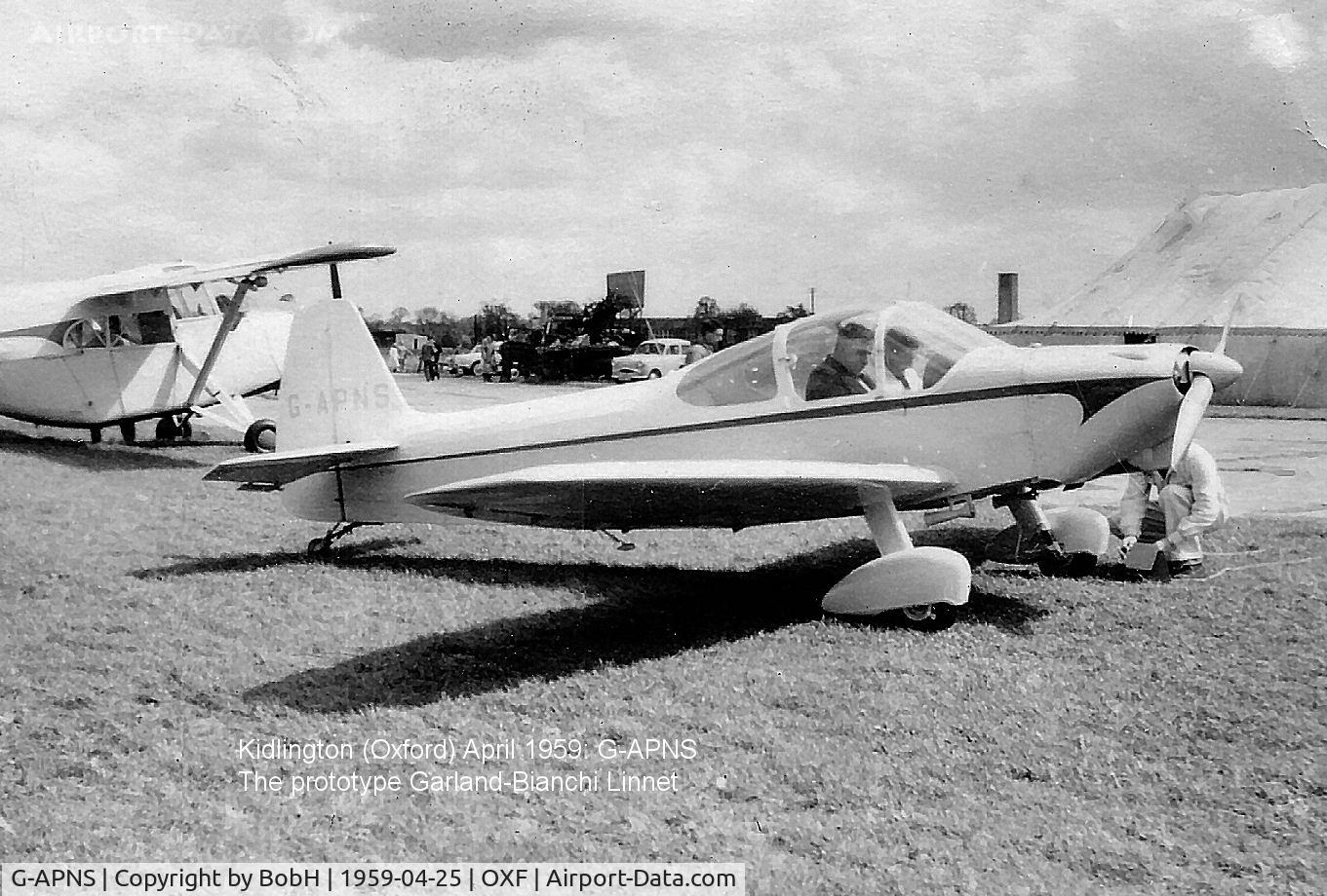G-APNS, 1958 Garland-Bianchi Linnet 1 C/N 001, G-APNS, The prototype (CN001) Garland-Bianchi Linnet. Seen here at Kidlington in April 1959.