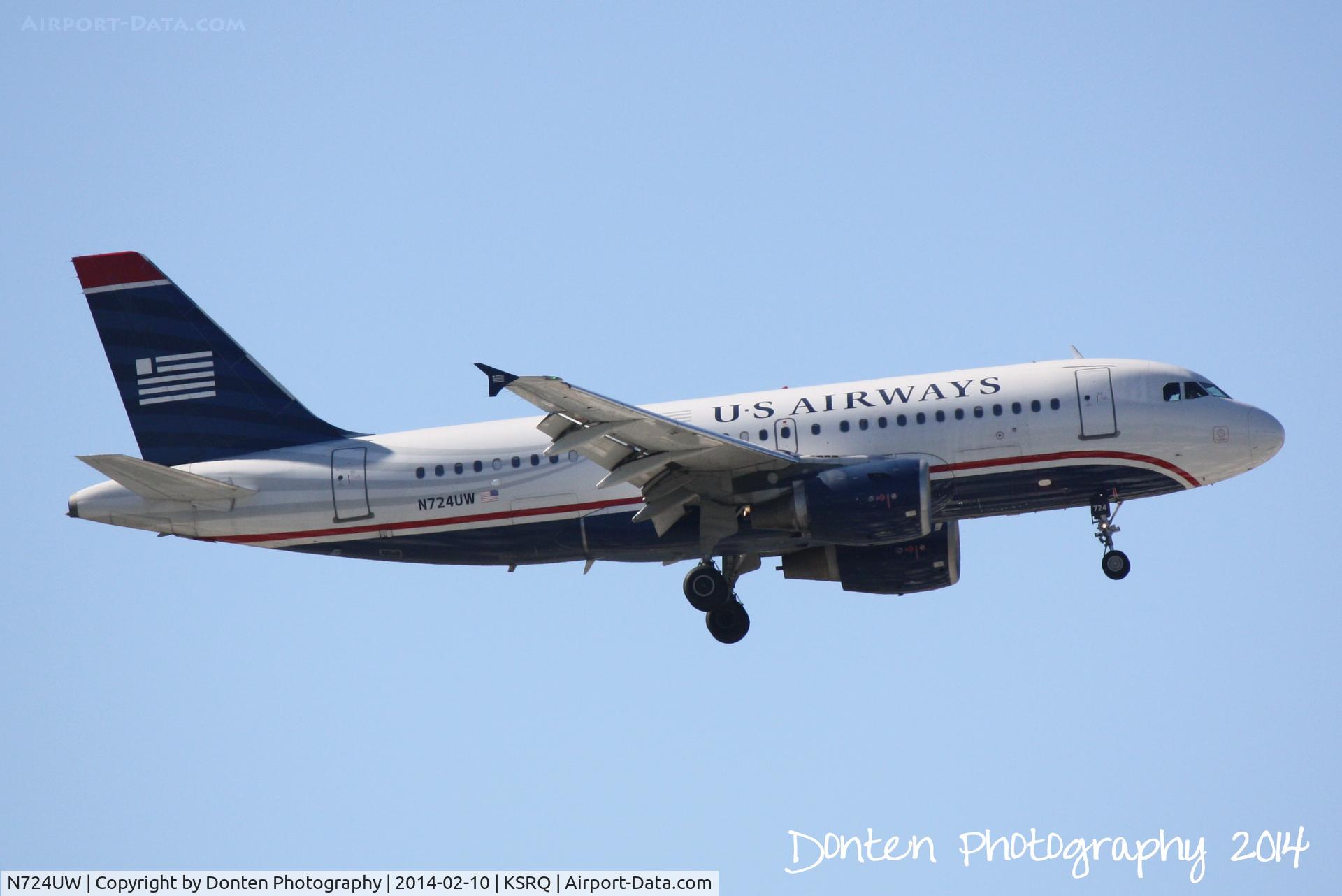 N724UW, 1999 Airbus A319-112 C/N 1122, US Air Flight 2015 (N724UW) arrives at Sarasota-Bradenton International Airport following a flight from Charlotte-Douglas International Airport