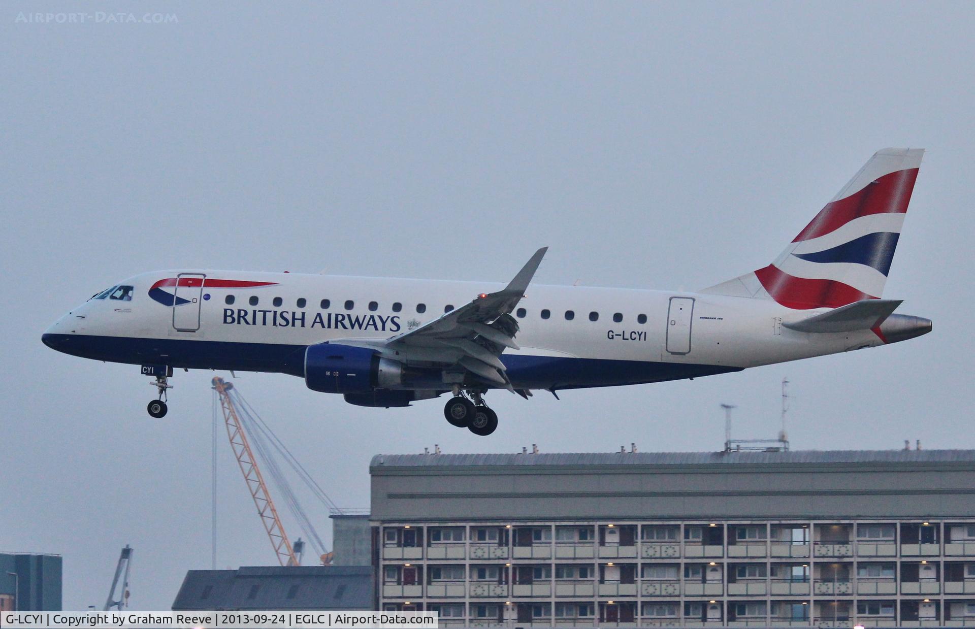 G-LCYI, 2010 Embraer 170STD (ERJ-170-100STD) C/N 17000305, Landing in the early evening twilight.