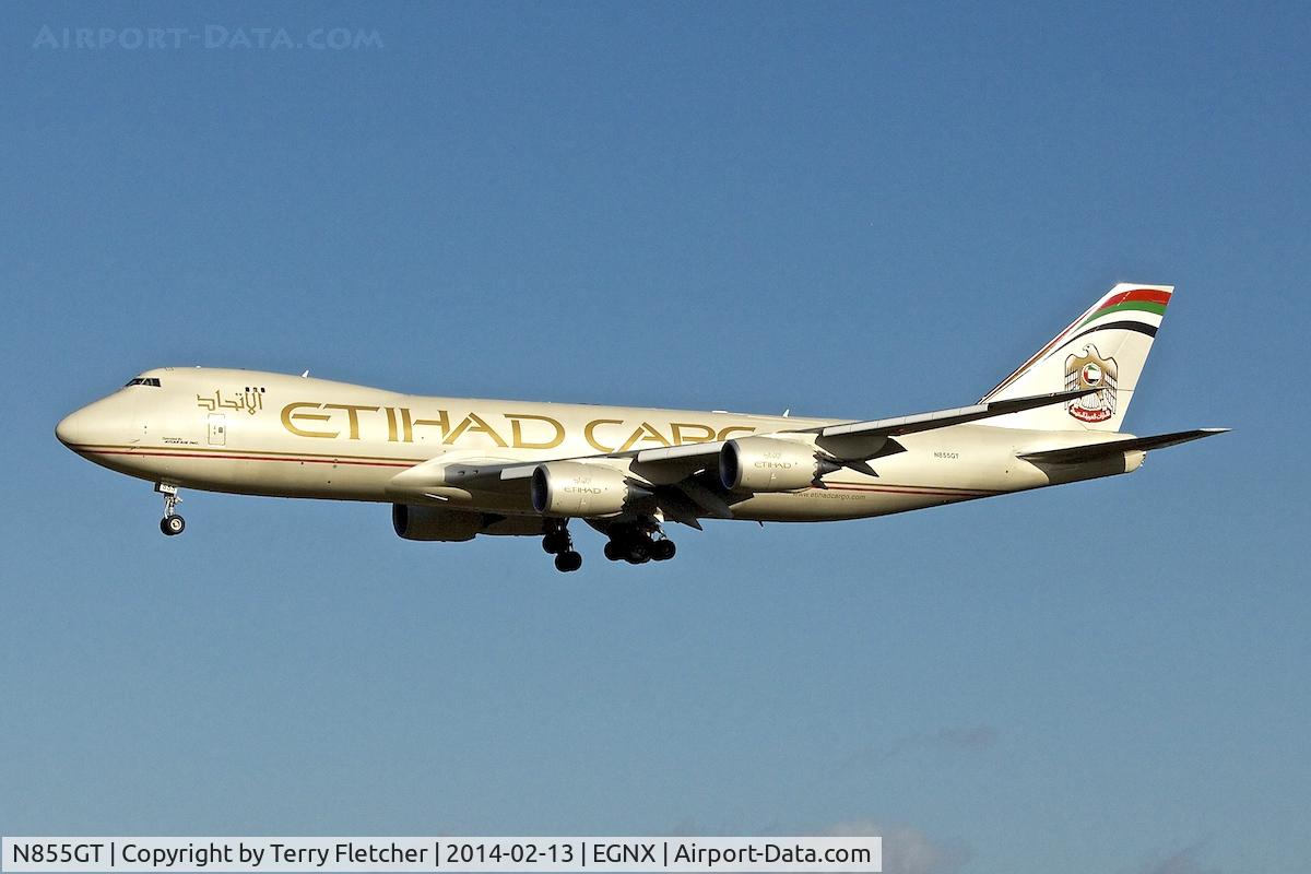 N855GT, 2013 Boeing 747-87UF C/N 37567, Ethiad Cargo 2013 Boeing 747-87UF, c/n: 37567 landing at East Midlands