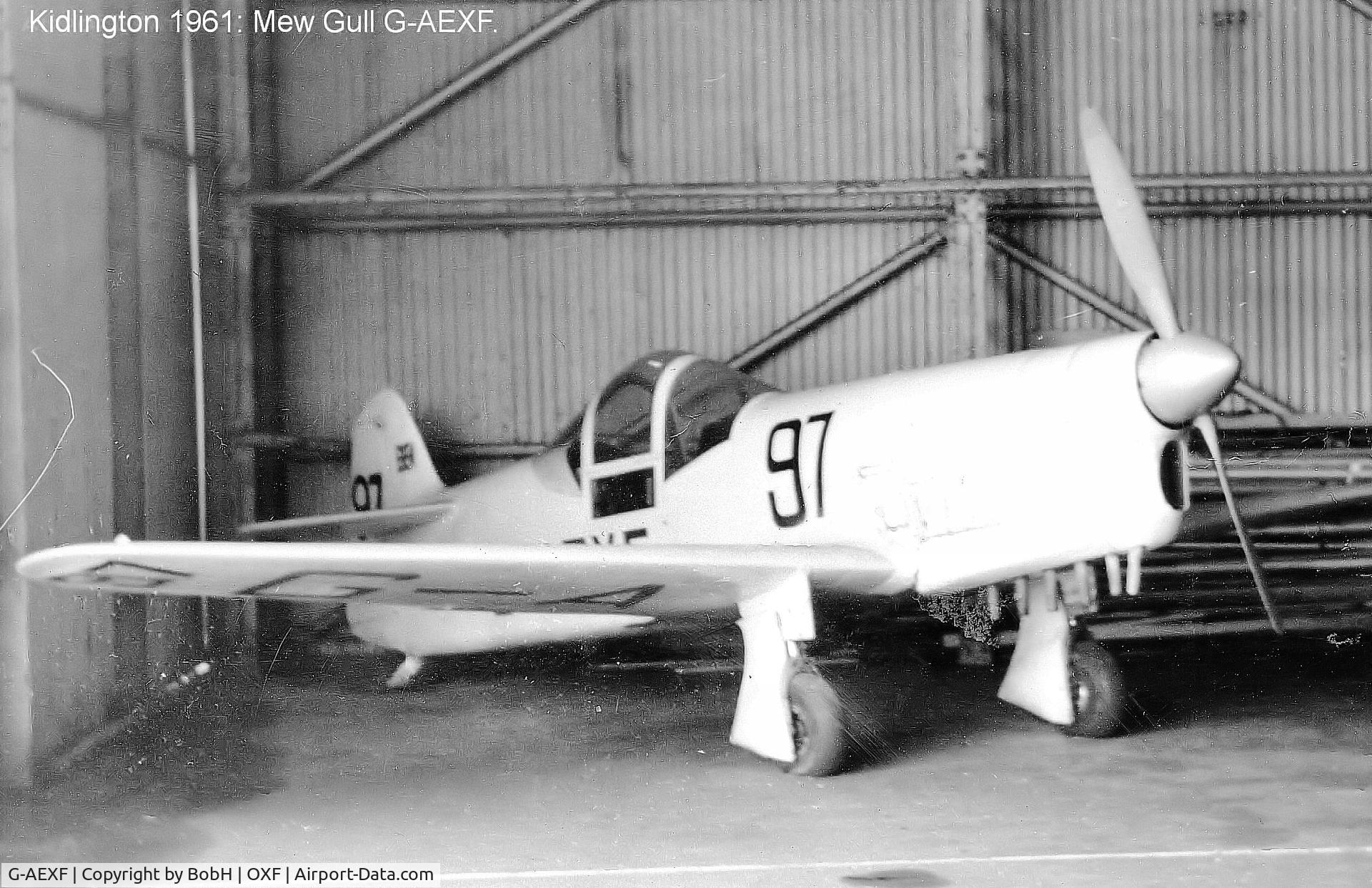 G-AEXF, 1936 Percival E-2H Mew Gull C/N E22, Taken in March 1961 at Kidlington. This was before it's rebuild in 1975. Compare it to the later pictures here and note differences to the wheel spats and the cockpit height (this mod was done for visibility but slowed the aircraft by over 20MPH)