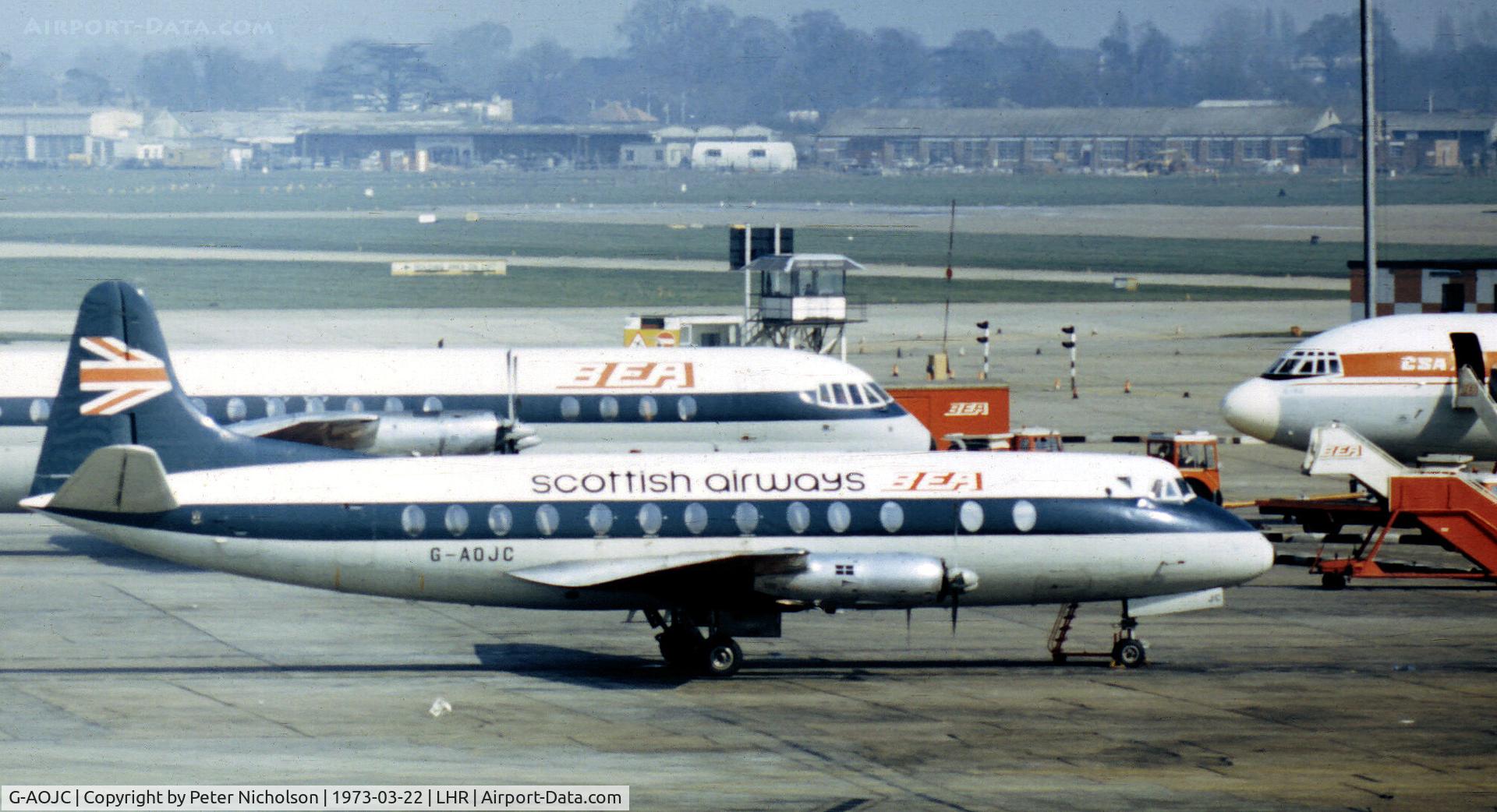 G-AOJC, 1956 Vickers Viscount 802 C/N 152, Viscount 802 of British European Airways Scottish Division as seen at Heathrow in the Spring of 1973.