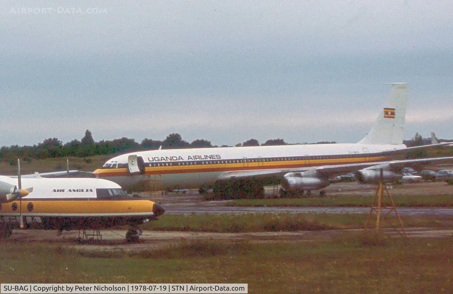SU-BAG, 1964 Boeing 707-321C C/N 18765, Boeing 707-321C of Uganda Airlines as seen at Stansted in the Summer of 1978.