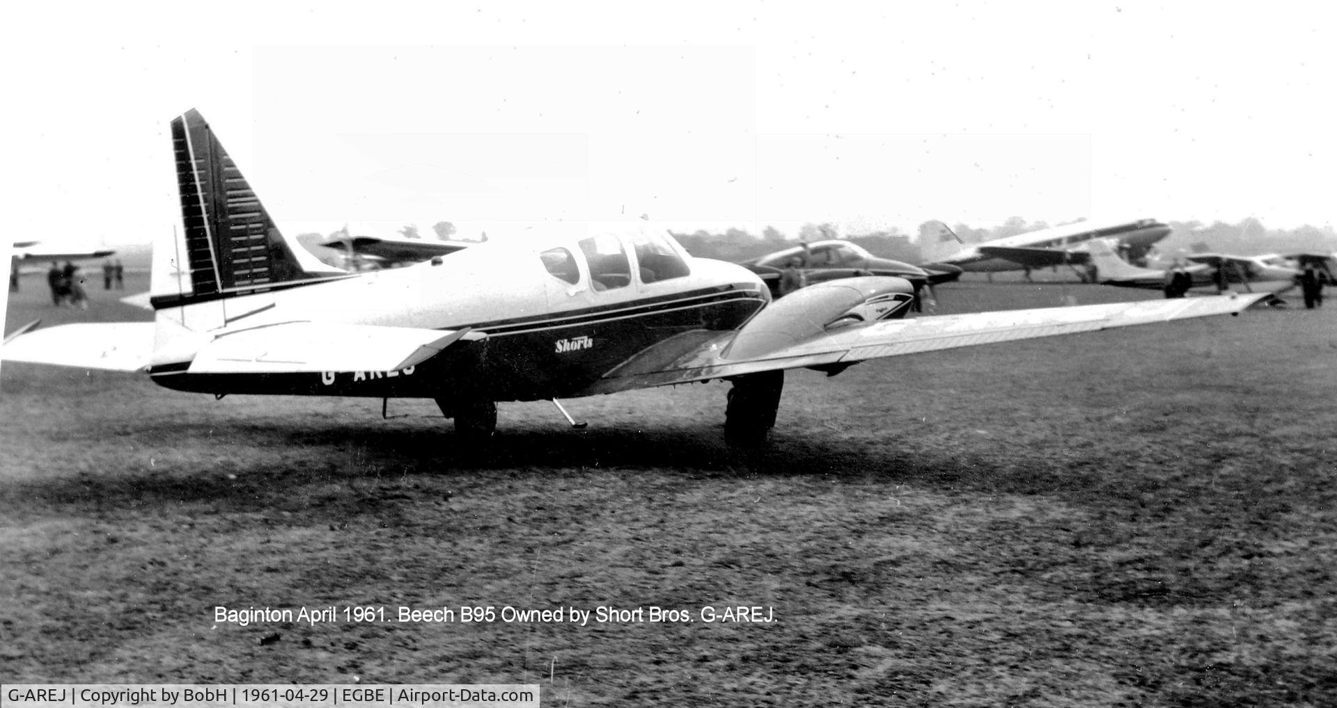 G-AREJ, 1960 Beech B95 Travel Air C/N TD-423, G-AREJ, Beech B95 is seen here at Baginton in April 1961. She was owned by Short Bros at the time and they were the Beech representatives in the U.K.
This aircraft was said to have been damaged beyond repair in 1980.