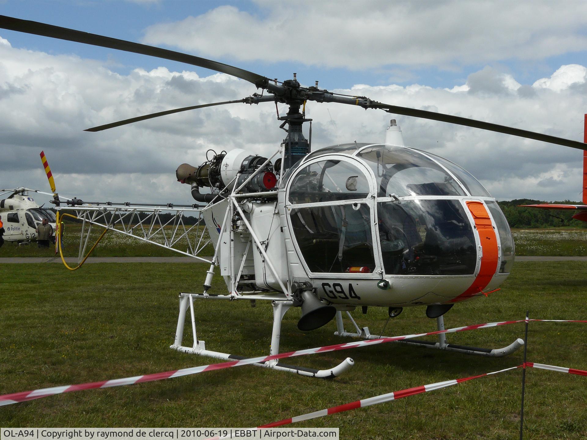 OL-A94, Sud Aviation SA-3180 Alouette 2 C/N 2102, Formerly as OL-A94 with Belgian Army Light Aviation .
Became later G94 with Rijkswacht/ Gendarmerie.
Now stored at Melsbroek / Brussels Airport in the hangar of the Federal Police.