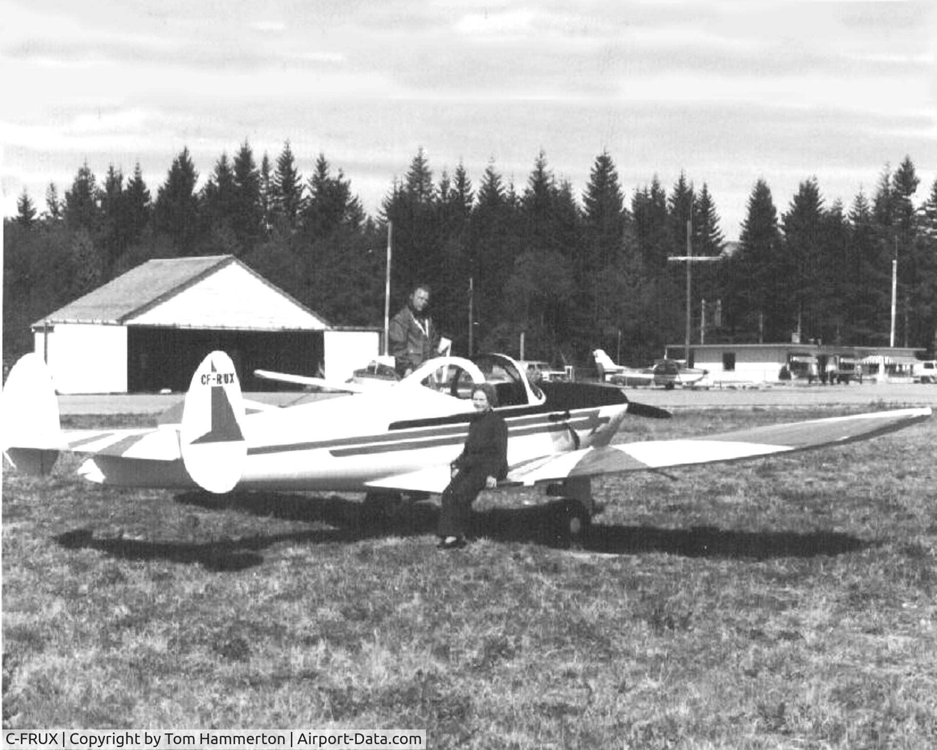 C-FRUX, 1946 Erco 415D Ercoupe C/N 487, Aircraft was based at Delta Airpark, British Columbia, Canada, in the early 1970's. This photo was taken at the Powell River, B.C., airport in 1974 or '75.