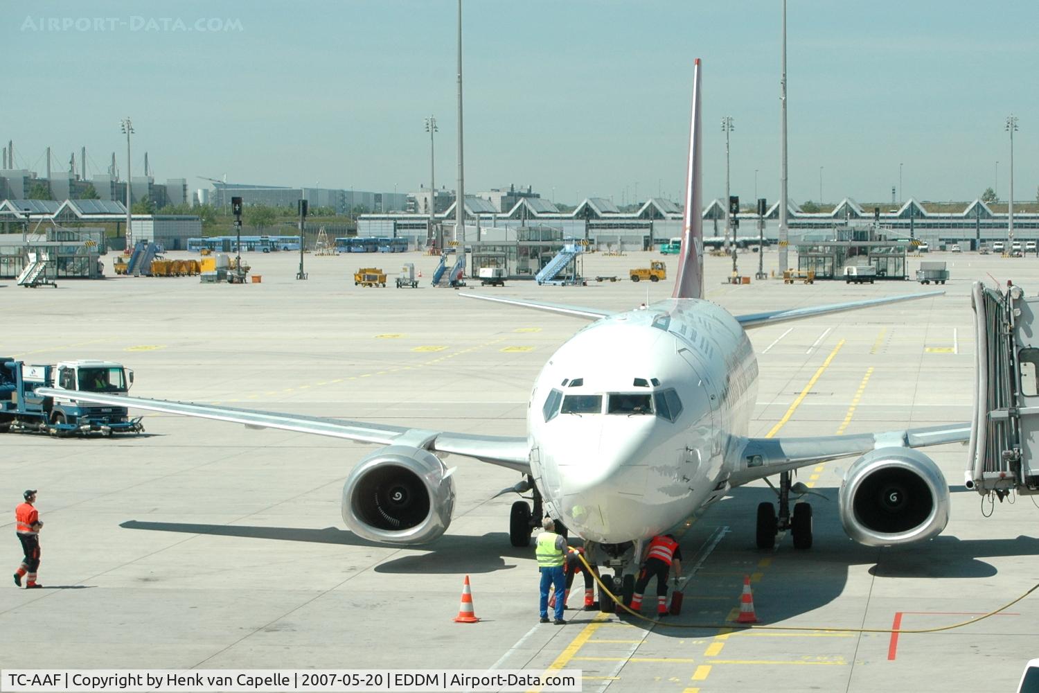 TC-AAF, 1998 Boeing 737-58E C/N 29122, Pegasus Airlines 737-500 arriving at the gate at München Franz-Josef Strauss airport, Germany.