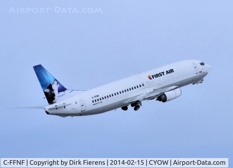 C-FFNF, 1991 Boeing 737-406 C/N 25412, Former KLM Airlines PH-BTA, now flying under the First Air Airlines colors, seen here leaving rwy 25 for the Iqaluit run.