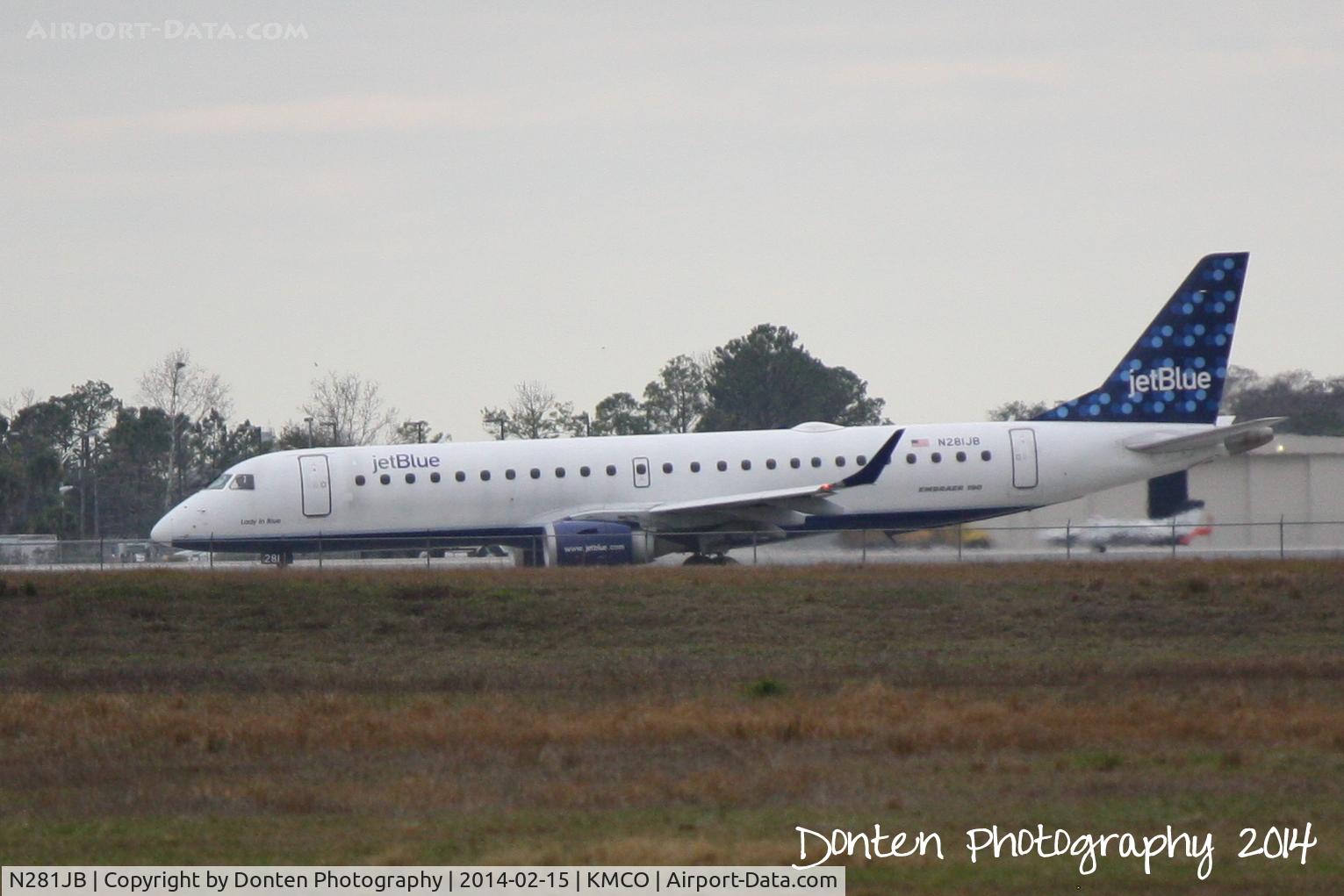 N281JB, 2007 Embraer 190AR (ERJ-190-100IGW) C/N 19000103, JetBlue Flight 1170 (N281JB) Lady in Blue departs Orlando International Airport enroute to Richmond International Airport