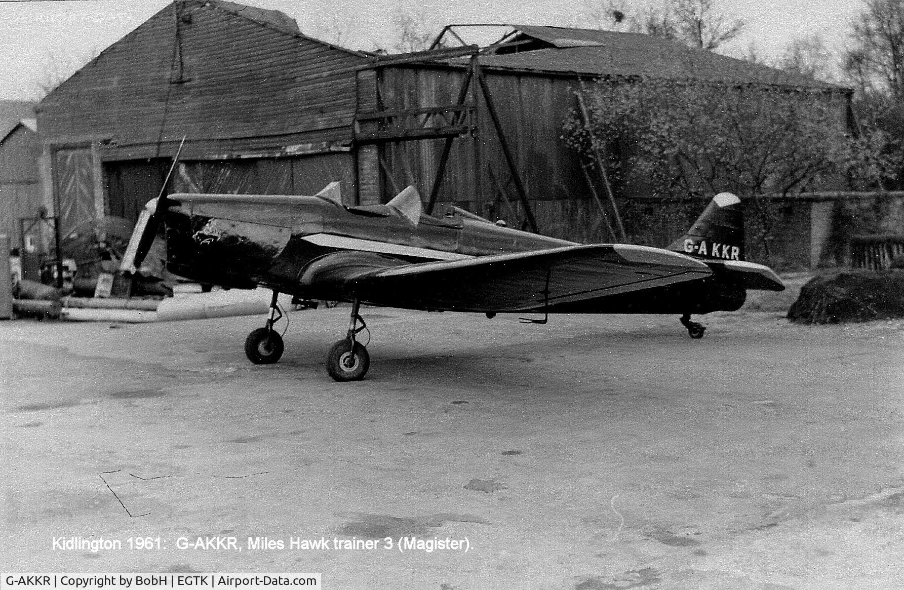 G-AKKR, Miles M-14 Magister I C/N 1995, Miles Hawk Trainer III (Magister) at Kidlington in 1961. This aircraft was originally T9708 then became G-AKKR and was later rebuilt using parts from Magister T9967. It now carries T9707 and is on display at Middle Wallop Museum of Army Flying.