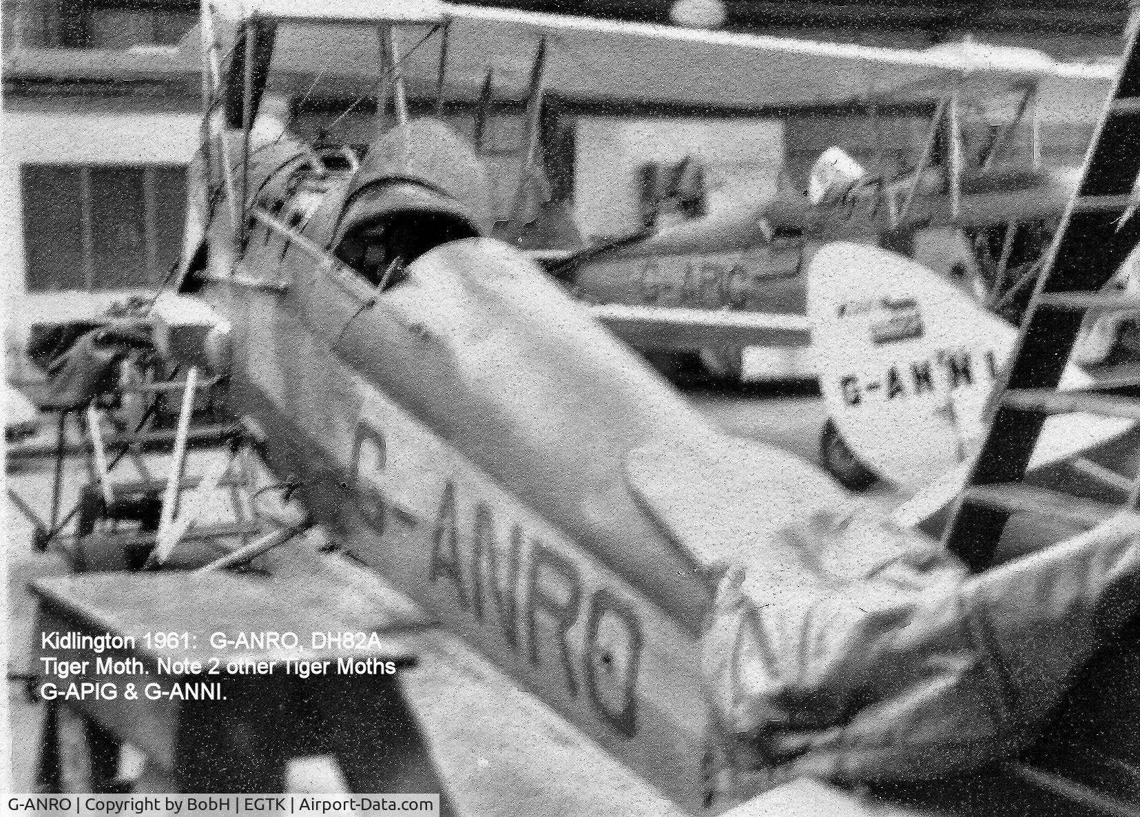G-ANRO, De Havilland DH-82A Tiger Moth II C/N 84281, G-ANRO Hangared at Kidlington in 1961.  There are two other DH82A's in picture, G-APIG & G-ANNI