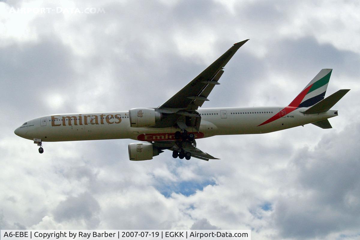 A6-EBE, 2005 Boeing 777-36N/ER C/N 32788, Boeing 777-36NER [32788] (Emirates Airlines) Gatwick~G 19/07/2007
