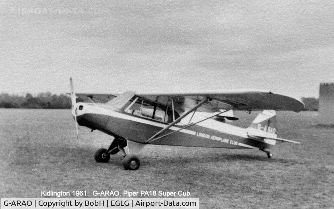 G-ARAO, 1960 Piper PA-18-150 Super Cub C/N 18-7327, G-ARAO at Panshanger in 1961. Then owned by The London Aeroplane Club. The airfield is incorrectly named on the photograph.