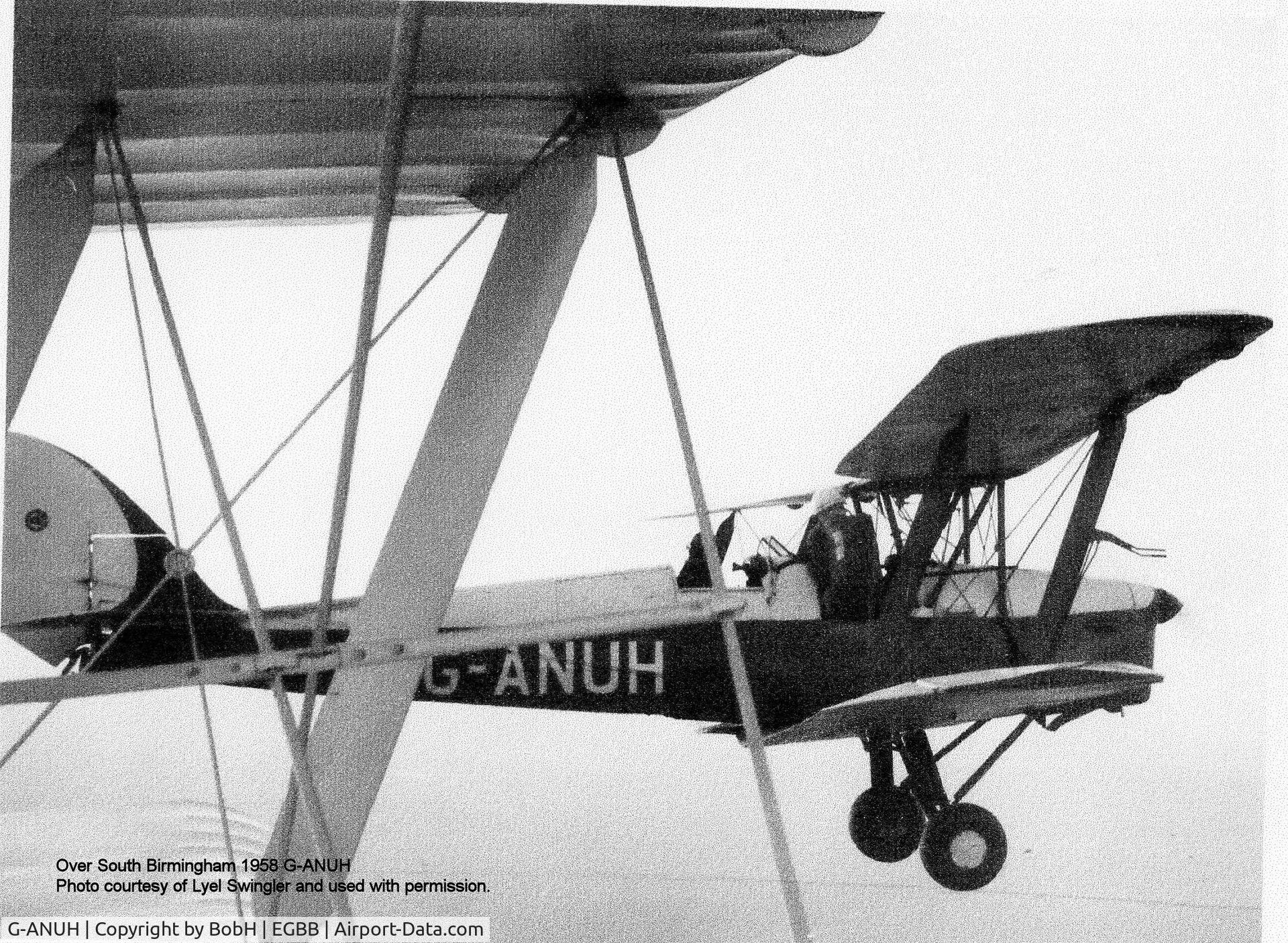 G-ANUH, De Havilland DH-82A Tiger Moth II C/N 85410, G-ANUH was owned by Midlands Aero Club in 1958 and is seen here in the air over Elmdon and South Birmingham. Photograph is owned by a friend, Lyel Swingler and is used with his permission.