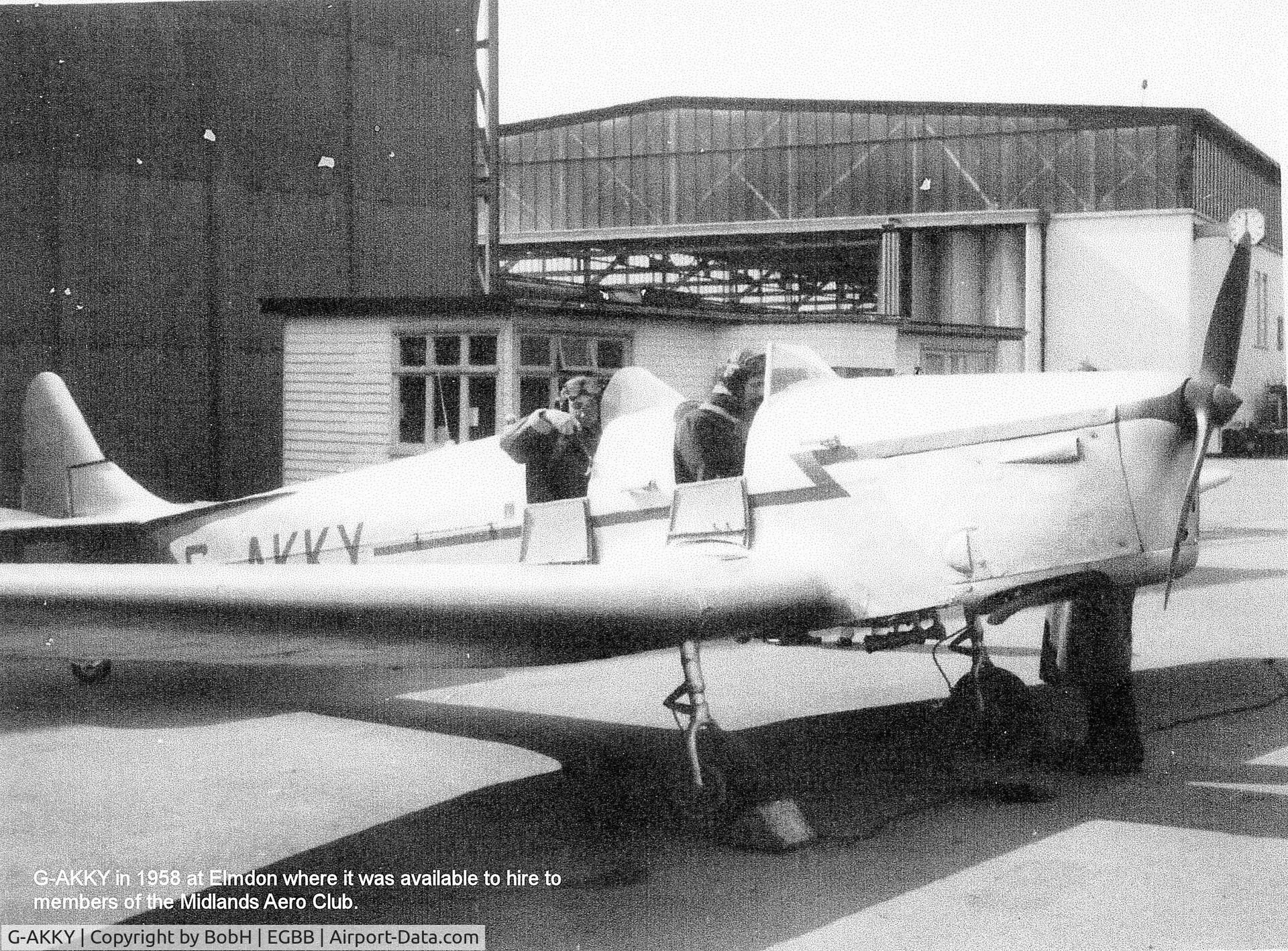 G-AKKY, 1940 Miles M14A Hawk Trainer 3 C/N 2078, Pictured at Elmdon 1958. This aircraft could be hired by members of the Midland Aero Club, based at Elmdon and is seen here about to take a member, Lyel Swingler on a local flight. The picture is owned by Lyel and is used with his full permission.