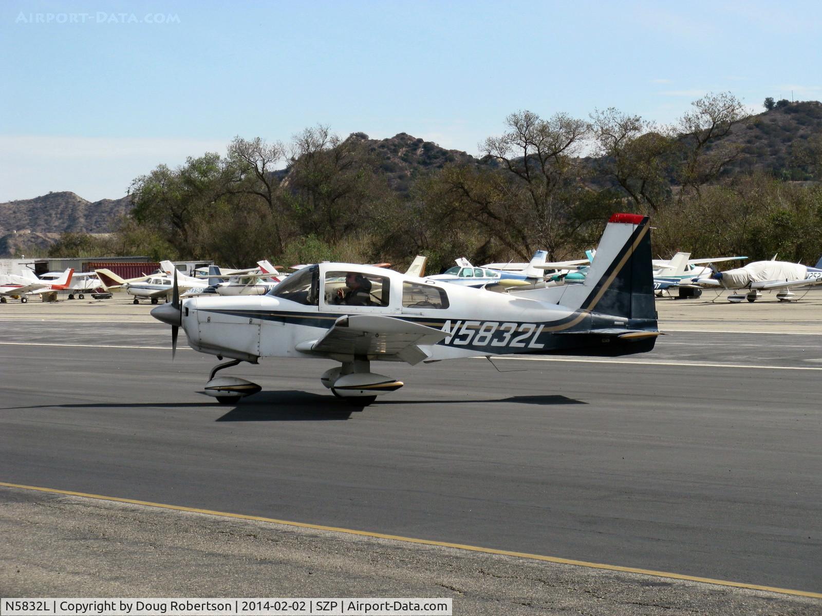 N5832L, 1972 American AA-5 C/N AA5-0232, 1972 American Aviation AA-5 TRAVELER, Lycoming O-320-E2G 150 Hp, taxi off the active