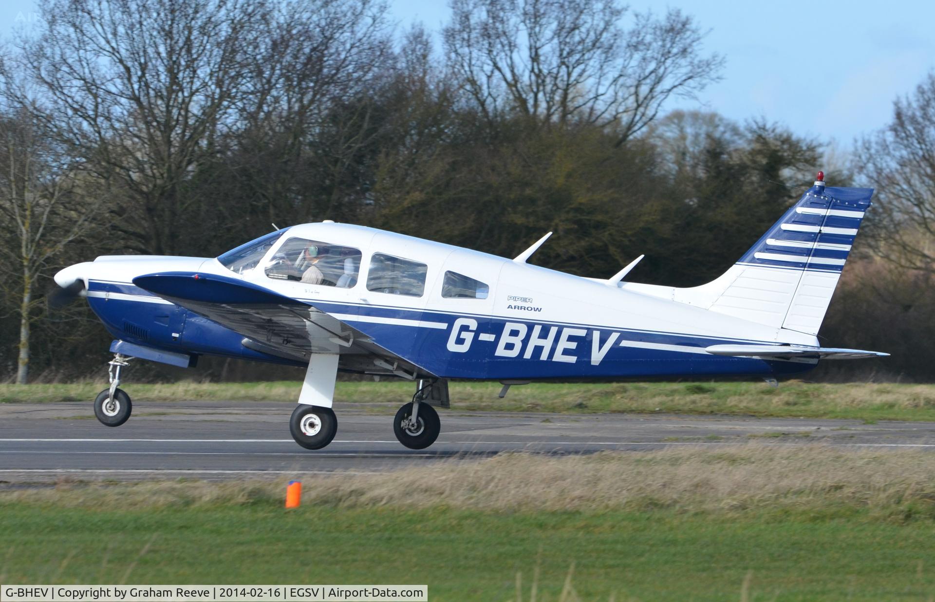 G-BHEV, 1974 Piper PA-28R-200-2 Cherokee Arrow II C/N 28R-7435159, Departing from Old Buckenham.
