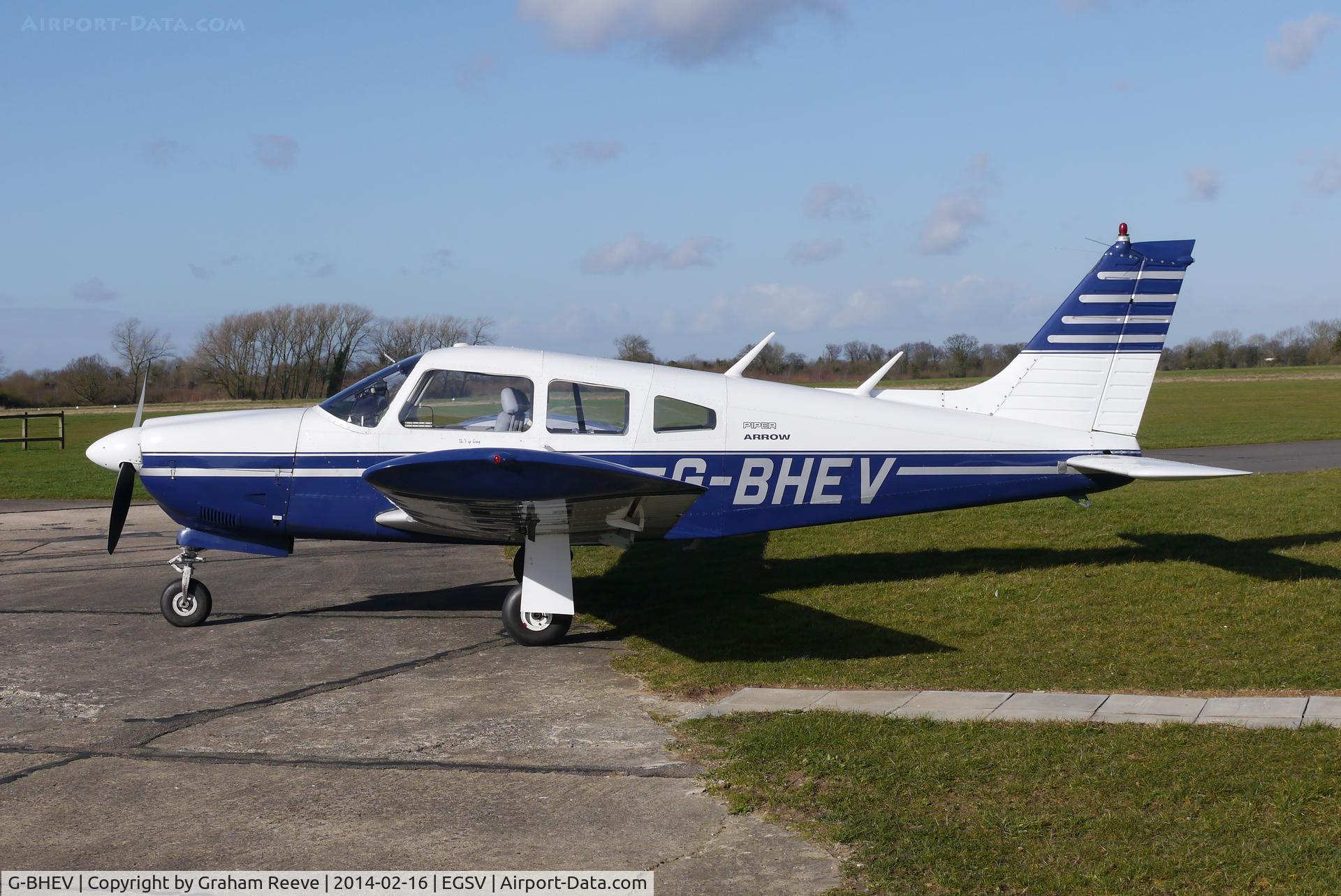 G-BHEV, 1974 Piper PA-28R-200-2 Cherokee Arrow II C/N 28R-7435159, Parked at Old Buckenham.