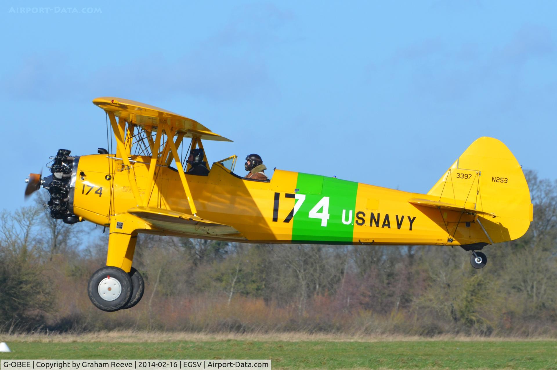 G-OBEE, 1941 Boeing A75N1 C/N 75-1174, Just taken off at Old Buckenham.