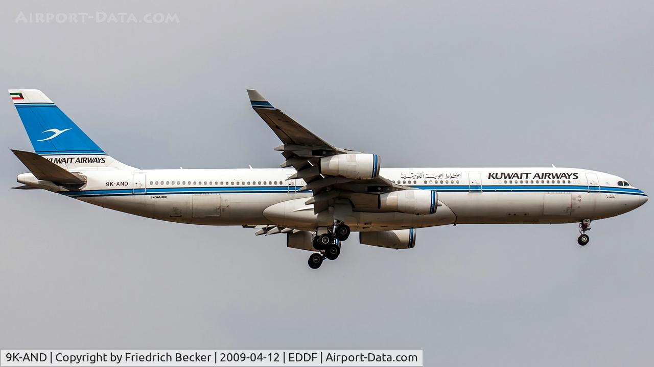 9K-AND, 1995 Airbus A340-313 C/N 104, on final at Frankfurt