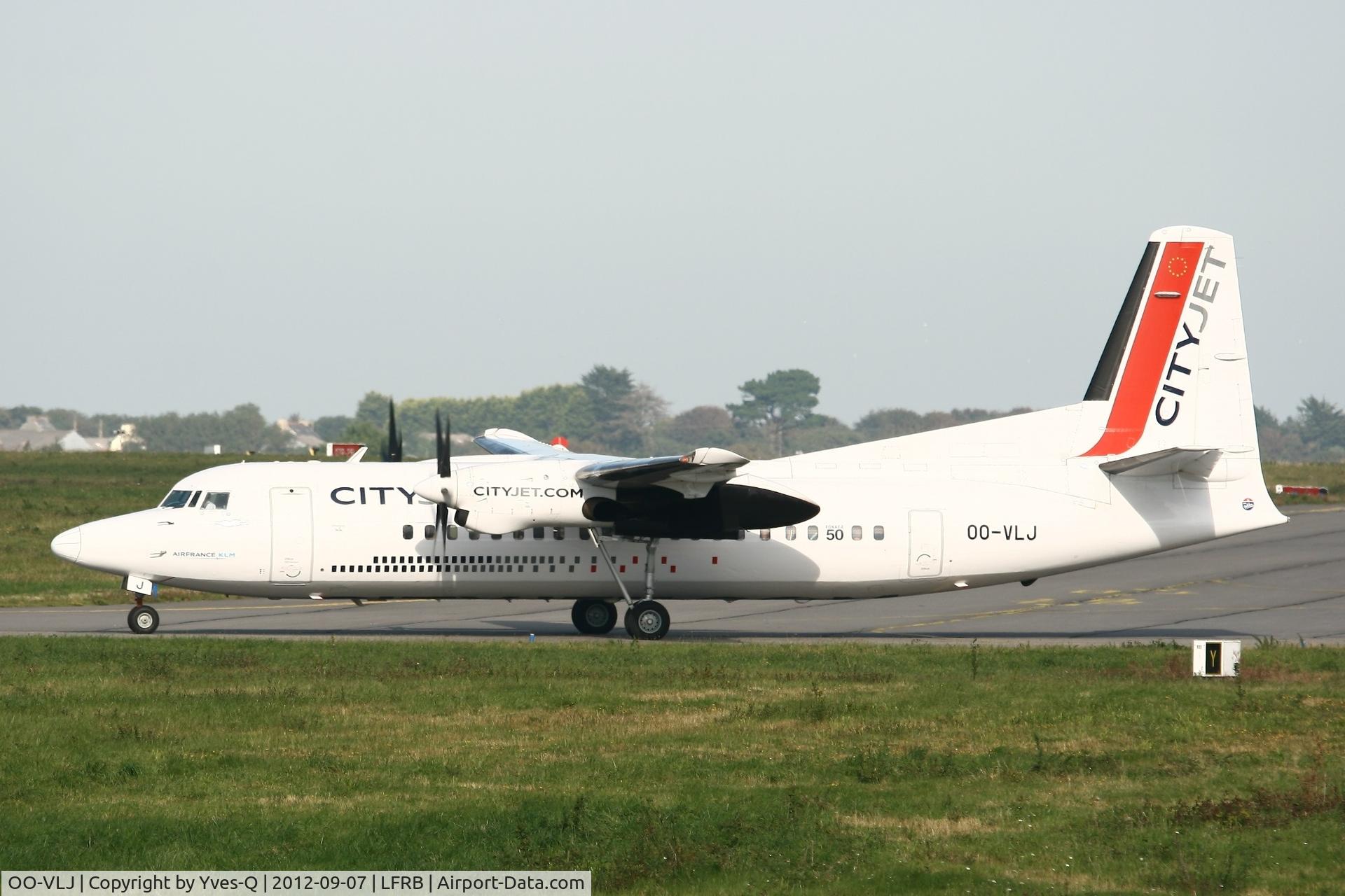 OO-VLJ, 1987 Fokker 50 C/N 20105, Fokker 50, Taxiing to holding point Rwy 07R, Brest-Bretagne Airport (LFRB-BES)