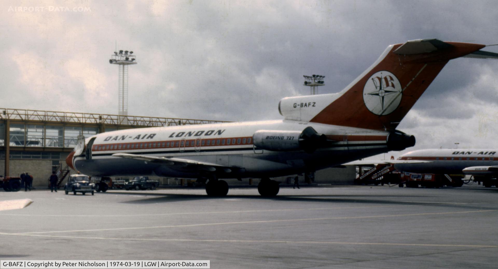 G-BAFZ, 1966 Boeing 727-46 C/N 18877, Boeing 727-46 of Dan-Air as seen at Gatwick in the Spring of 1974.