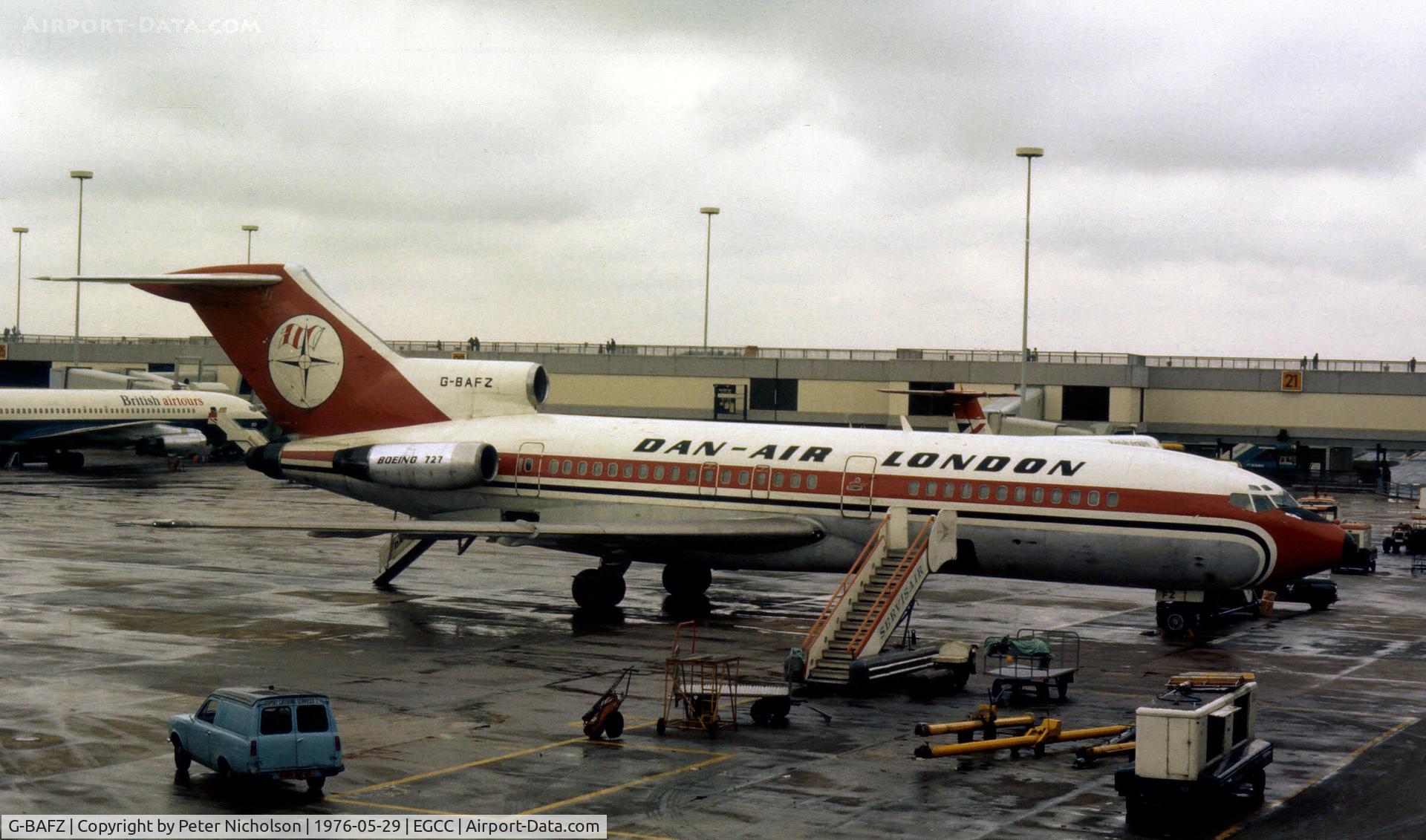 G-BAFZ, 1966 Boeing 727-46 C/N 18877, Boeing 727-46 of Dan-Air as seen at Manchester in May 1976.
