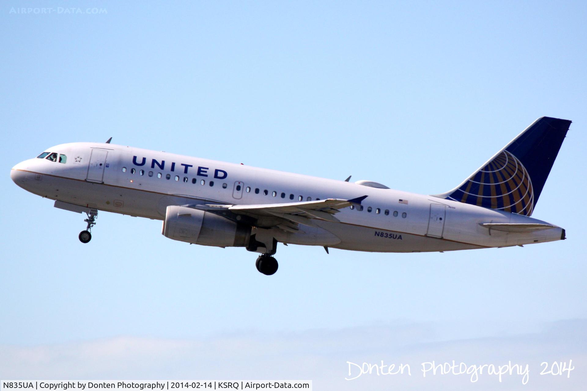 N835UA, 2001 Airbus A319-131 C/N 1426, United Flight 617 (N835UA) departs Sarasota-Bradenton International Airport enroute to Chicago-O'Hare International Airport