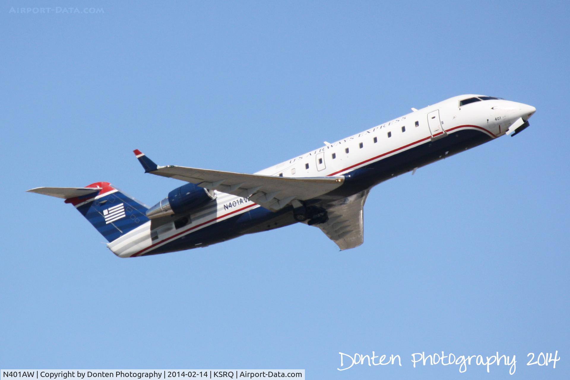 N401AW, 1999 Bombardier CRJ-200LR (CL-600-2B19) C/N 7280, US Air Flight 4078 operated by Air Wisconsin (N401AW) departs Sarasota-Bradenton International Airport enroute to Reagan National Airport
