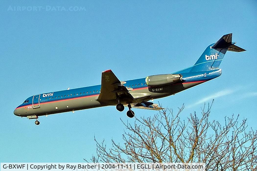 G-BXWF, 1991 Fokker 100 (F-28-0100) C/N 11328, Fokker F-100 [11328] (British Midland Airways) Heathrow~G 11/11/2004