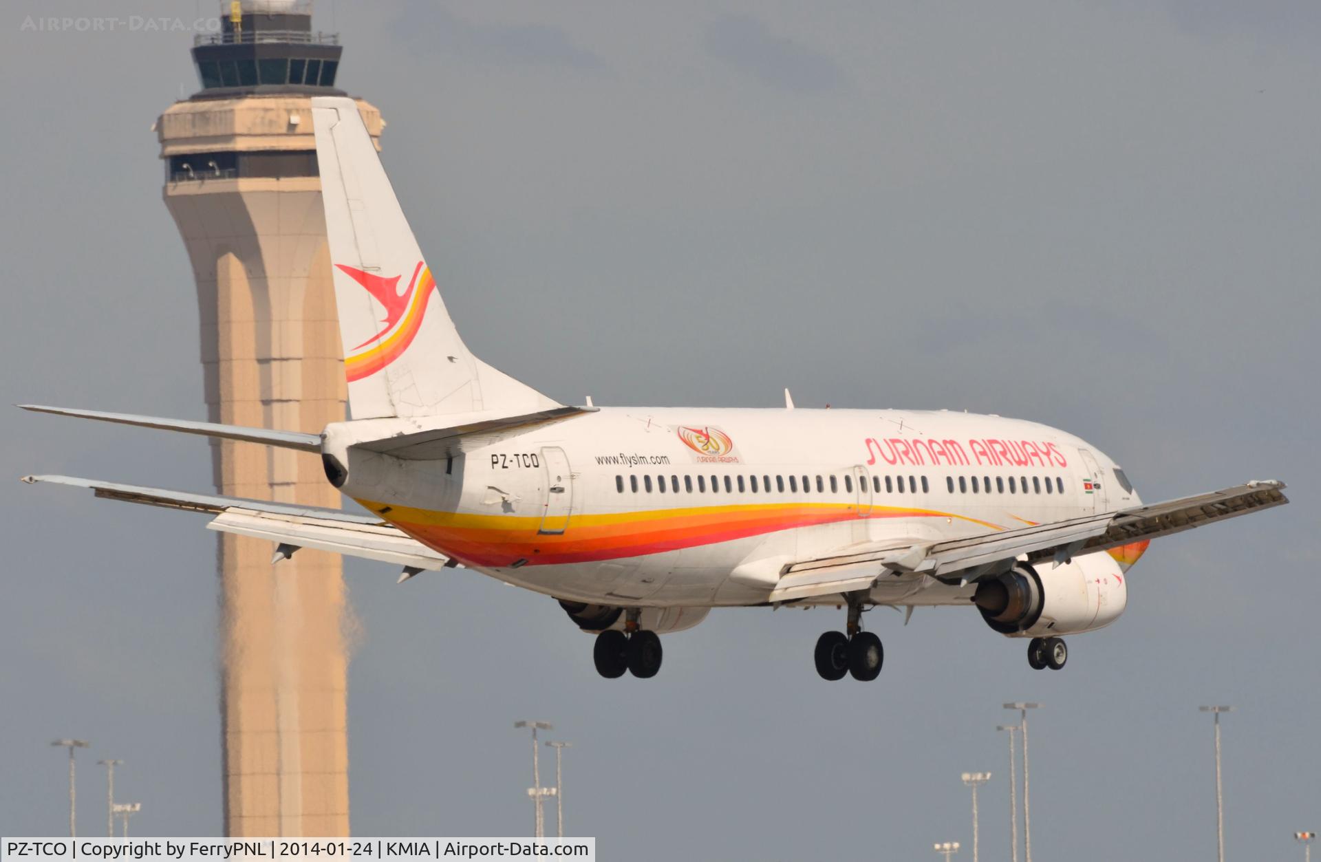 PZ-TCO, 1997 Boeing 737-36N C/N 28669, Surinam B733 in front of MIA control tower.