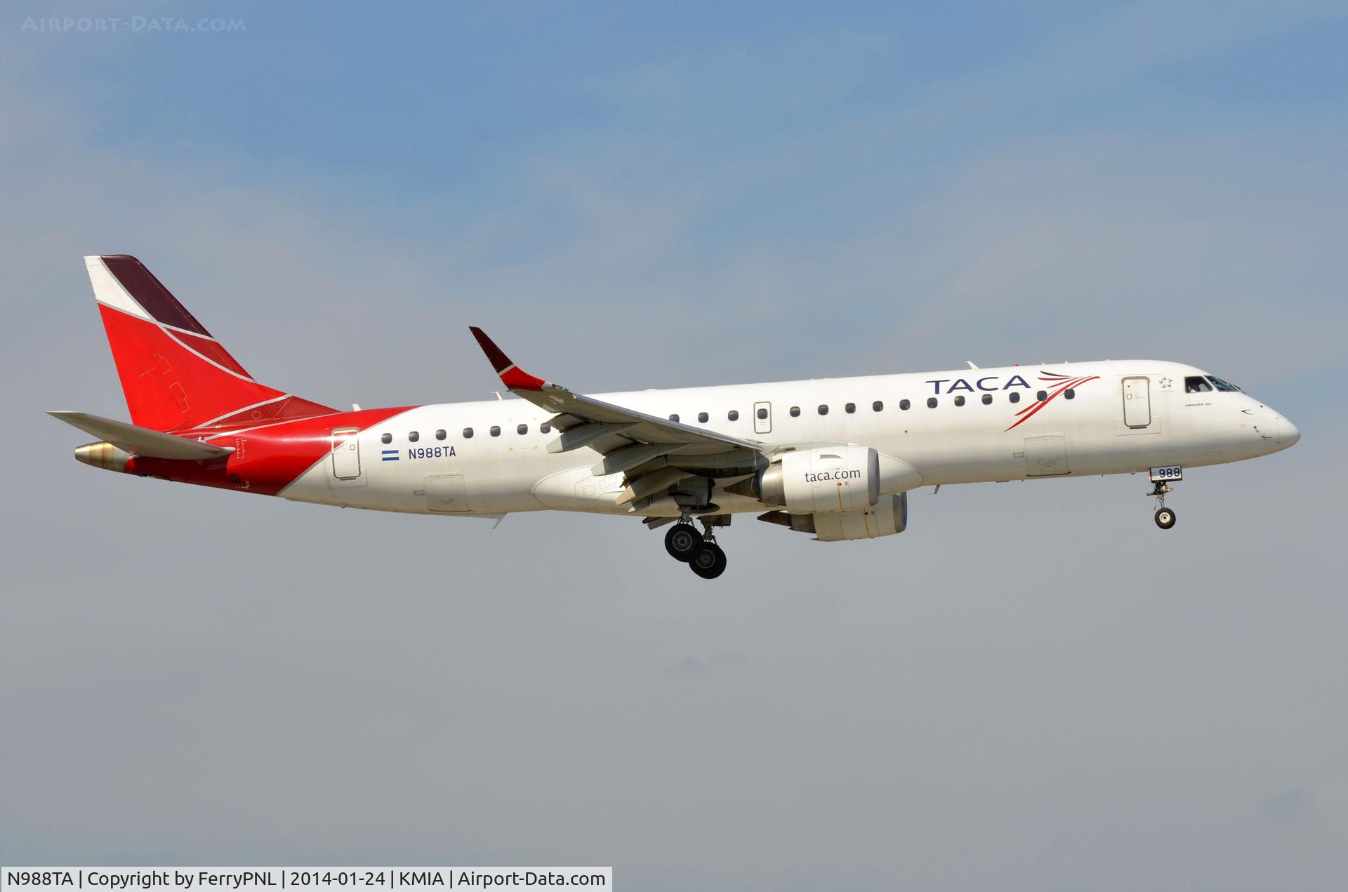 N988TA, 2010 Embraer ERJ-190-100 IGW 190AR C/N 19000399, Taca ERJ190 arriving in MIA