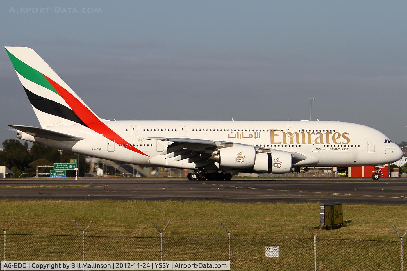 A6-EDD, 2008 Airbus A380-861 C/N 020, taxiing from 34L