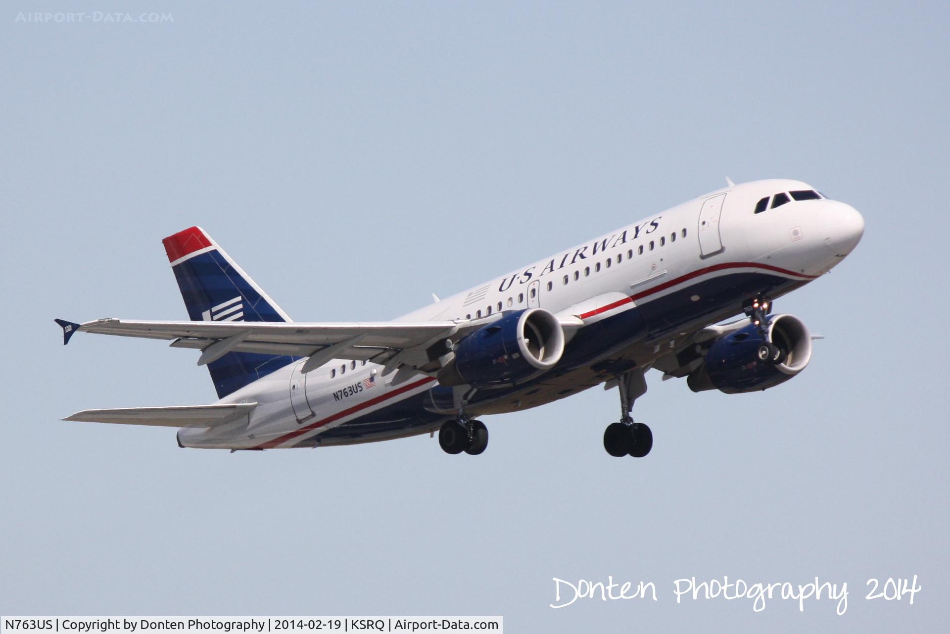 N763US, 2000 Airbus A319-112 C/N 1360, US Air Flight 1801 (N763US) departs Sarasota-Bradenton International Airport enroute to Charlotte-Douglas International Airport