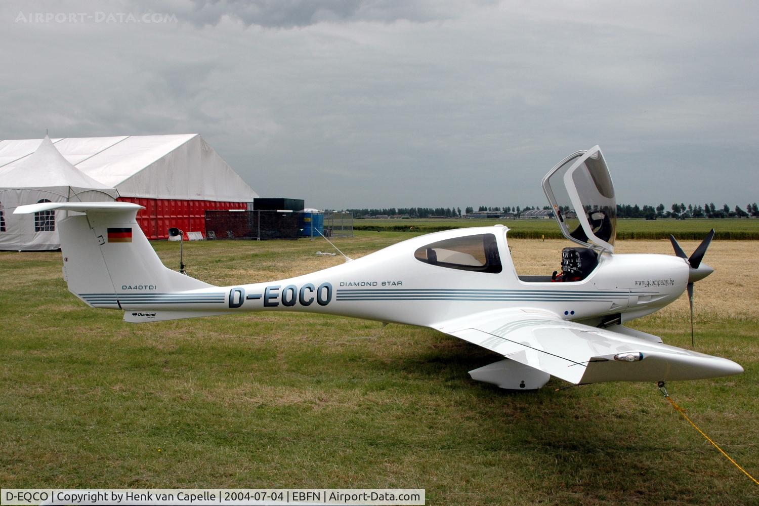 D-EQCO, 2004 Diamond DA-40D Diamond Star C/N D4.094, Diesel-power DA40 at Koksijde Air Base, Belgium. This aircraft made an emergency landing in Northsea near Oostdijkbanck, Belgium, 22-08-2009,  after engine problems. Pilot unhurt.