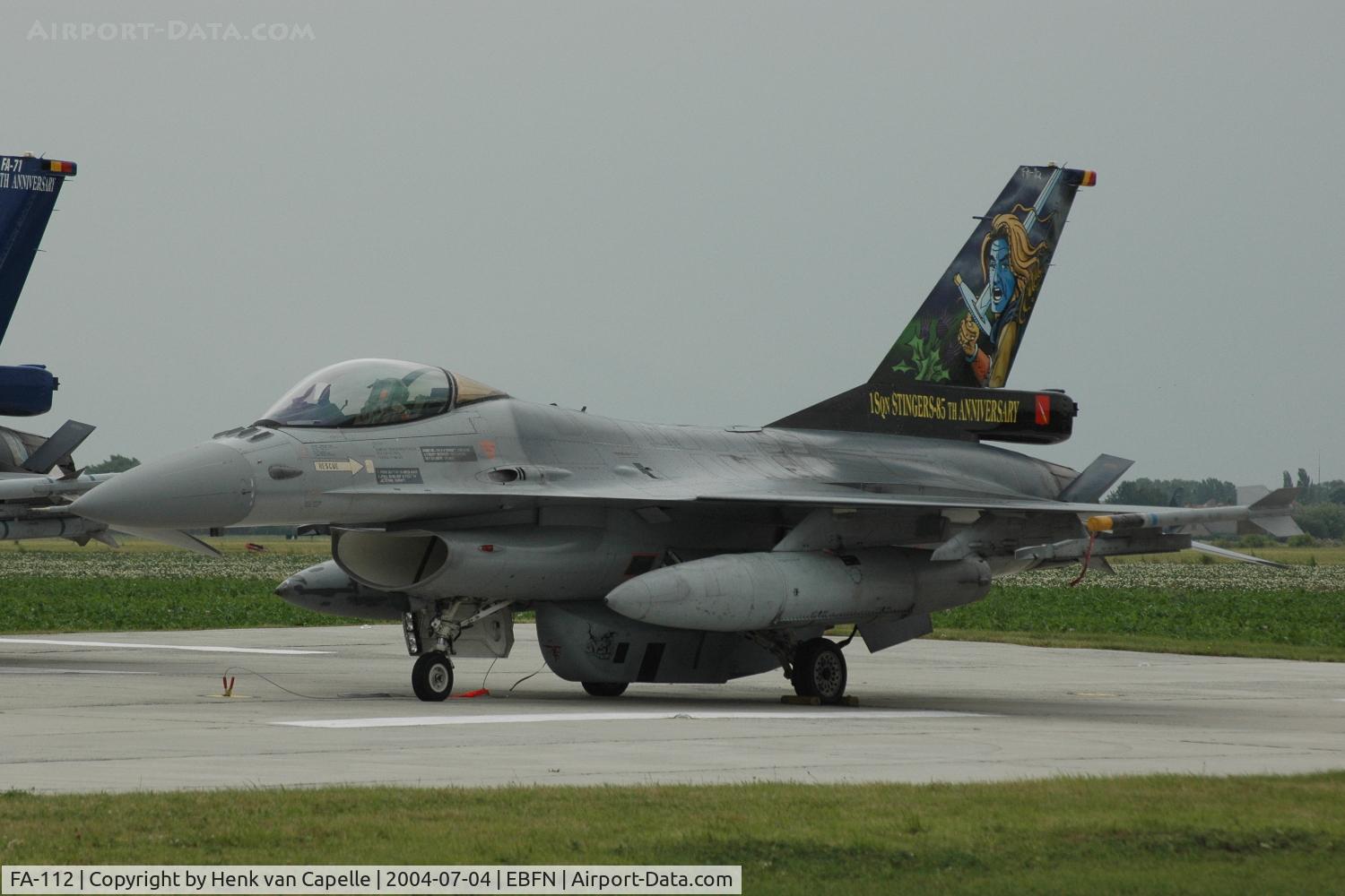 FA-112, 1989 SABCA F-16AM Fighting Falcon C/N 6H-112, Belgische Luchtmacht F-16AM with recce pod at Koksijde Air Base, Belgium. The colourful fin is to celebrate the 85th anniversary of its unit, No 1 smaldeel.