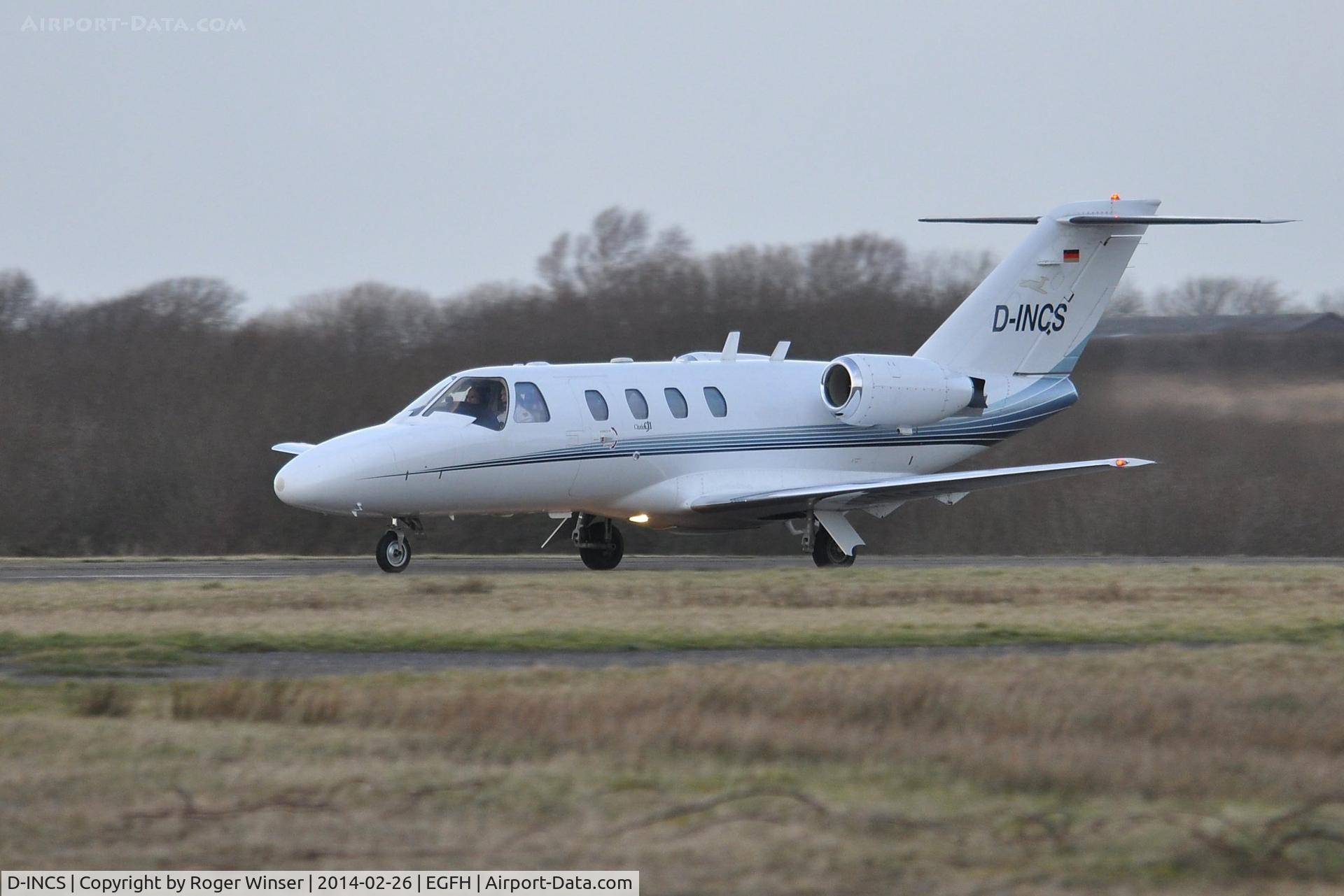 D-INCS, 2001 Cessna 525 CitationJet CJ1 C/N 525-0466, Visiting CitationJet operated by JK Jetkontor AG departing Runway 22 at dusk. Was N119CS to February 2005.